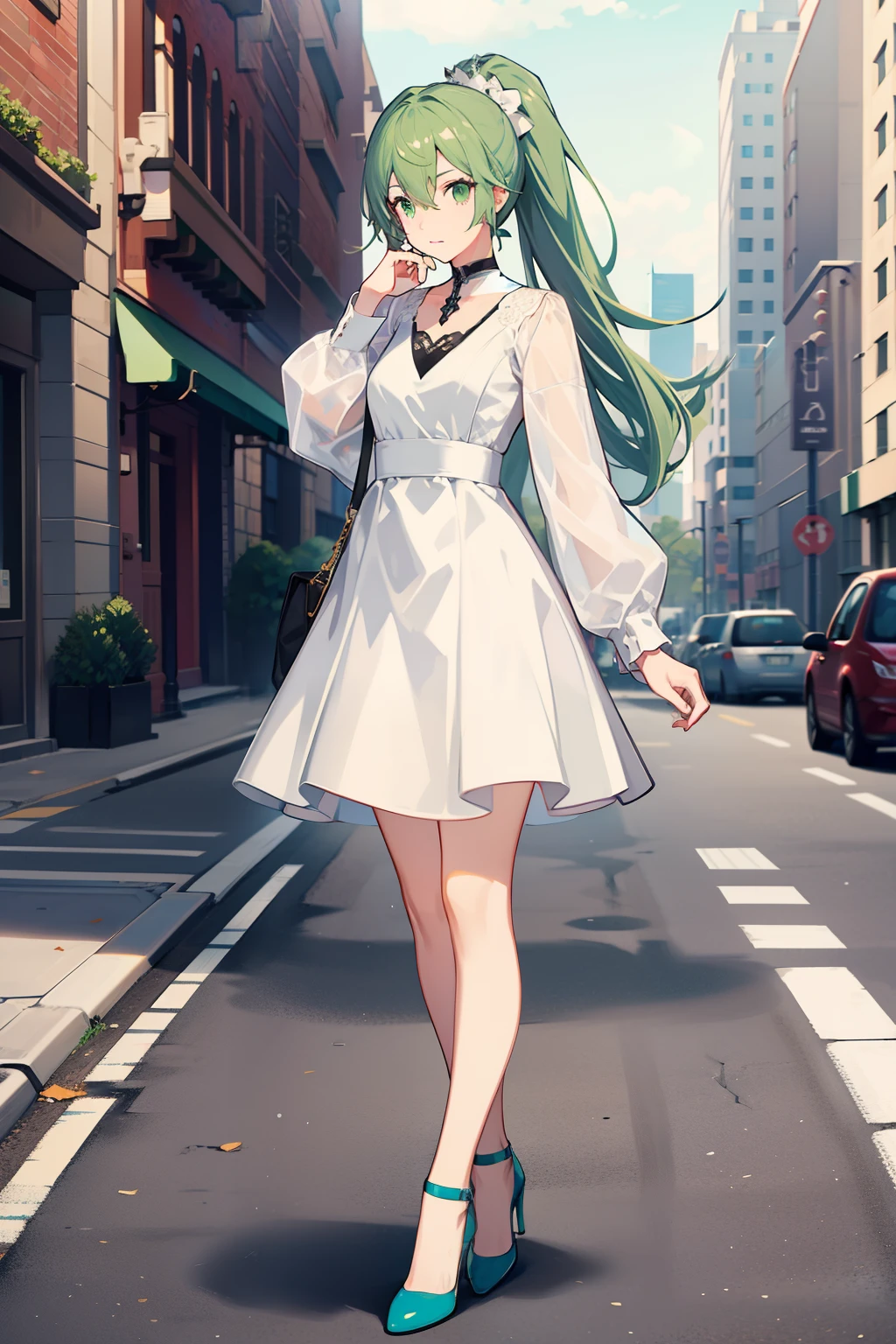 Girl holding head in hand, one standing in the street, all white long sleeves, V-neck gray dress, gray high heels, green double ponytail hair