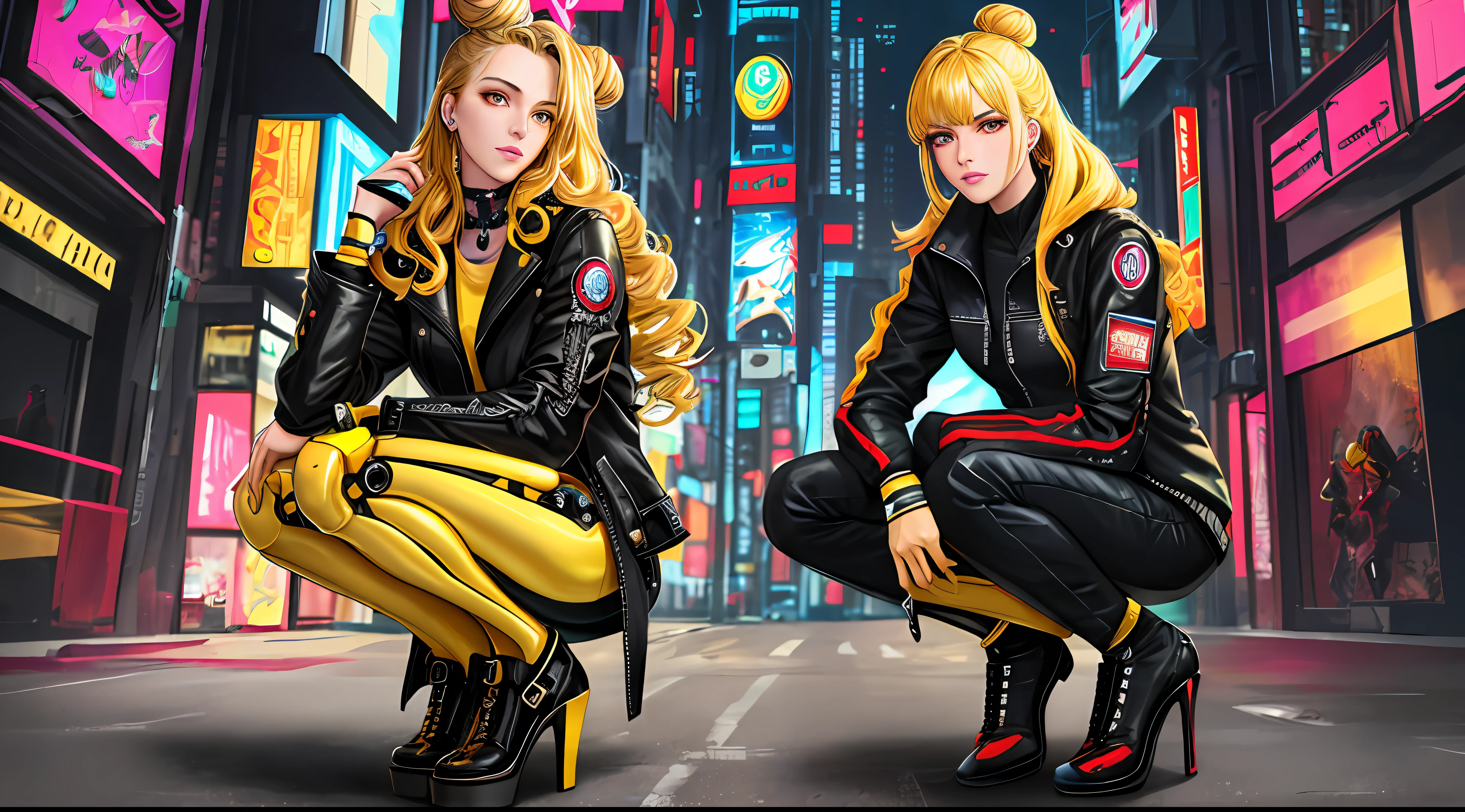High quality ,Master level,Extreme detail,Delicate features,High resolution,Beautiful lines,a girl,Young woman,tall and slim,shiny skin,Long legs,Mechanical eye prosthesis,ocular prosthesis,Beautiful golden eyes,Bright pupils,Straight bang,shiny clothes,long curly hair,bun,extremely detailed CG,neon lights,cyberpunk city,open the leather jacket,yellow hair,trouser,bodysuit under clothes,High-heeled shoes,full body,looking at the viewer,On tiptoe,Half squat,Mechanical exoskeleton