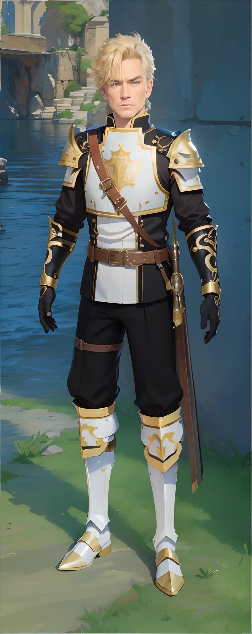 middle aged man,Handsome and atmospheric male,black glove,Ancient officers,blouse detailed with gold,White loose pants,Black gloves,full armour,cavalier,holy paladin,Medieval knight,Warriors,The brave,warrior,Sheet metal armor,Full body metal armor,Gilded armor,White gilded uniform,Black boots,black long boots,long black gloves,Black finger cover