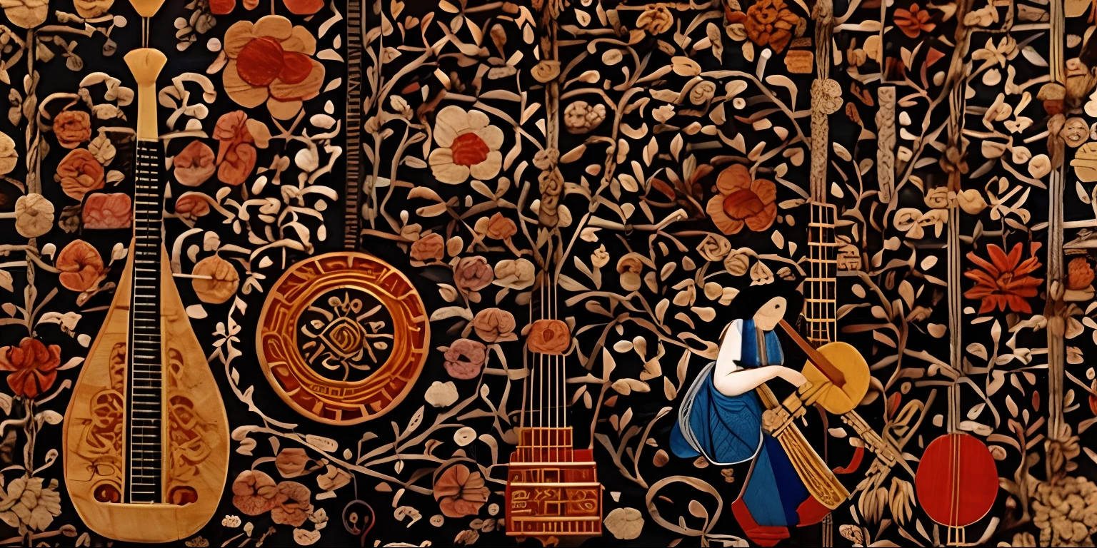 music instrument,lute,flute,Two strings,Clappers,Three strings,a color,embroidery,many color,Chinese style,patterned,There is a pattern