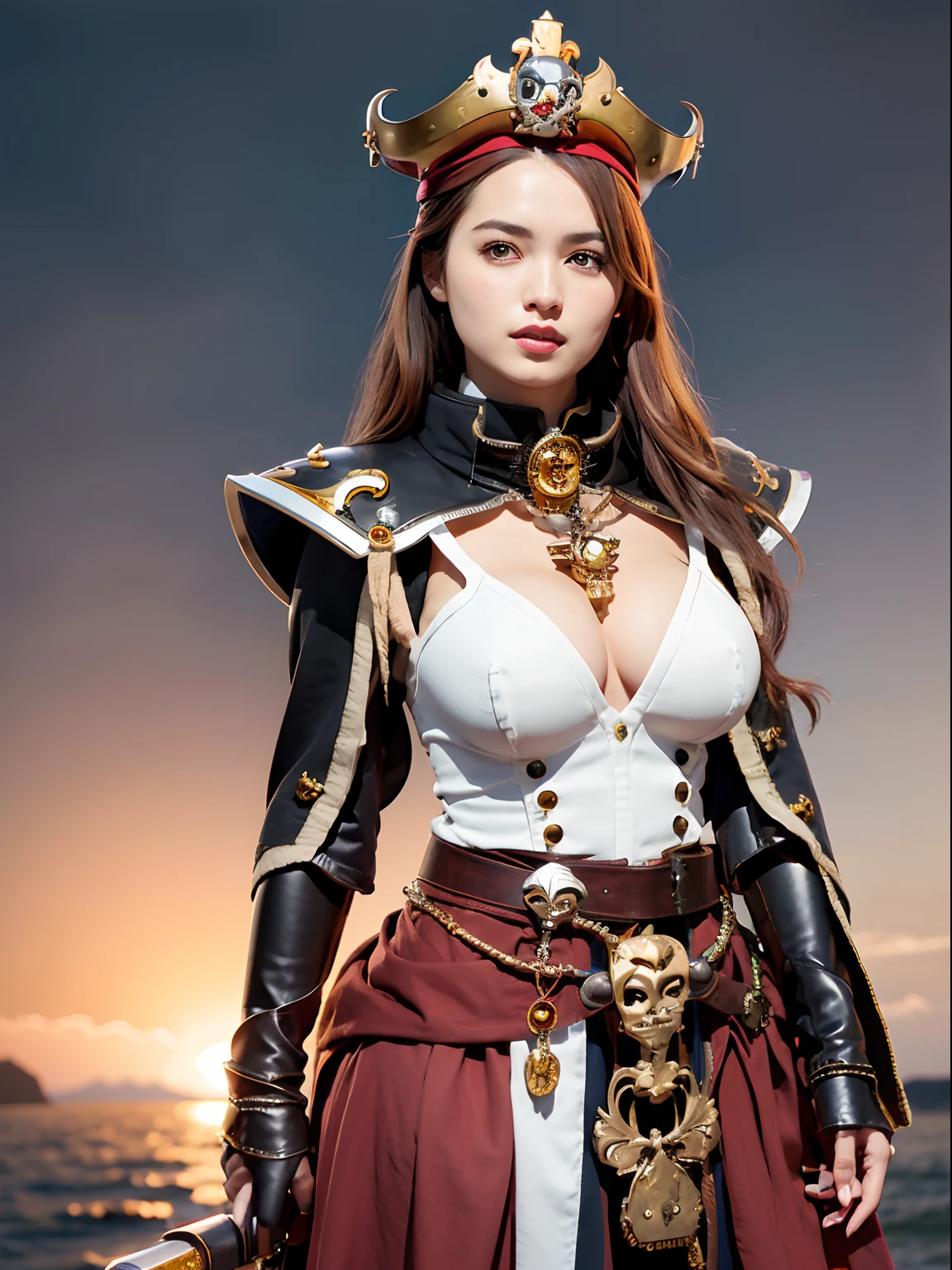 (masutepiece), Professional , masterpiece、top-quality、photos realistic , depth of fields (Gemstone Silver Metal Body:1.9),(Matte White、(Wear a detailed pirate hat)、Jewel Gold Weapon(Jewel Metal Body:1.4),(Gorgeous metal weapons) , Detailed Sword of the Brave , 20 year old girl ,warhammer 40k , The port town、adepta sororitas,Detail and ornate jewel crown、Black hair、Gangle's forest background、Young Caucasian beauty、1a person、dynamic ungle,(((Detailed and ornate diamond crown)))、Smaller head、A smile、Take a sexy pose、Thin and beautiful female hands、cleavage of the breast、Soldier in iron armor on background、A port city with a view of the sea、Pirate Ship、