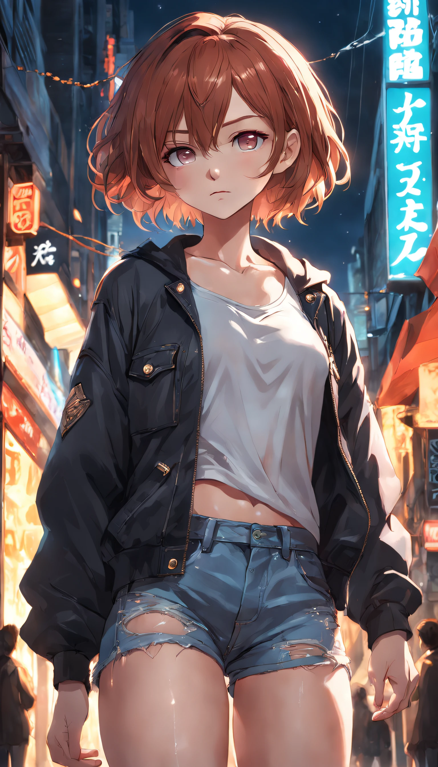 ((mediuml breasts, tomboy girls, small head)),  (chiseled abs : 1.1), (perfect body : 1.1), (wavy short hair : 1.2) , auburn hair, collar, chain, full-body shot, crowded street, wearing black tanktop, jeans jacket, ((shorts)), (extremely detailed CG 8k wallpaper), (an extremely delicate and beautiful), (巨作), (Best Quality:1.0), (ultra highres:1.0),  beautiful lighting ,perfect lightning, realistic shadows, [highres], detailed skin, A highly detailed (((Colored)))