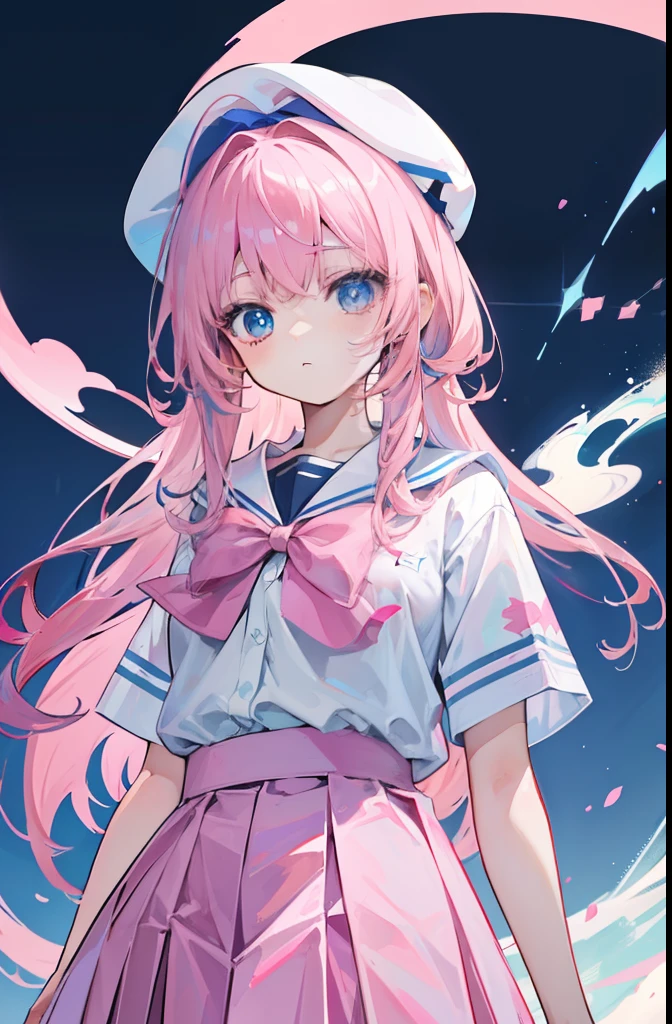 light pink colored hair，Powder-blue pupils，JK uniform and pleated skirt，pink and blue color，Fair and flawless sweet loli girl