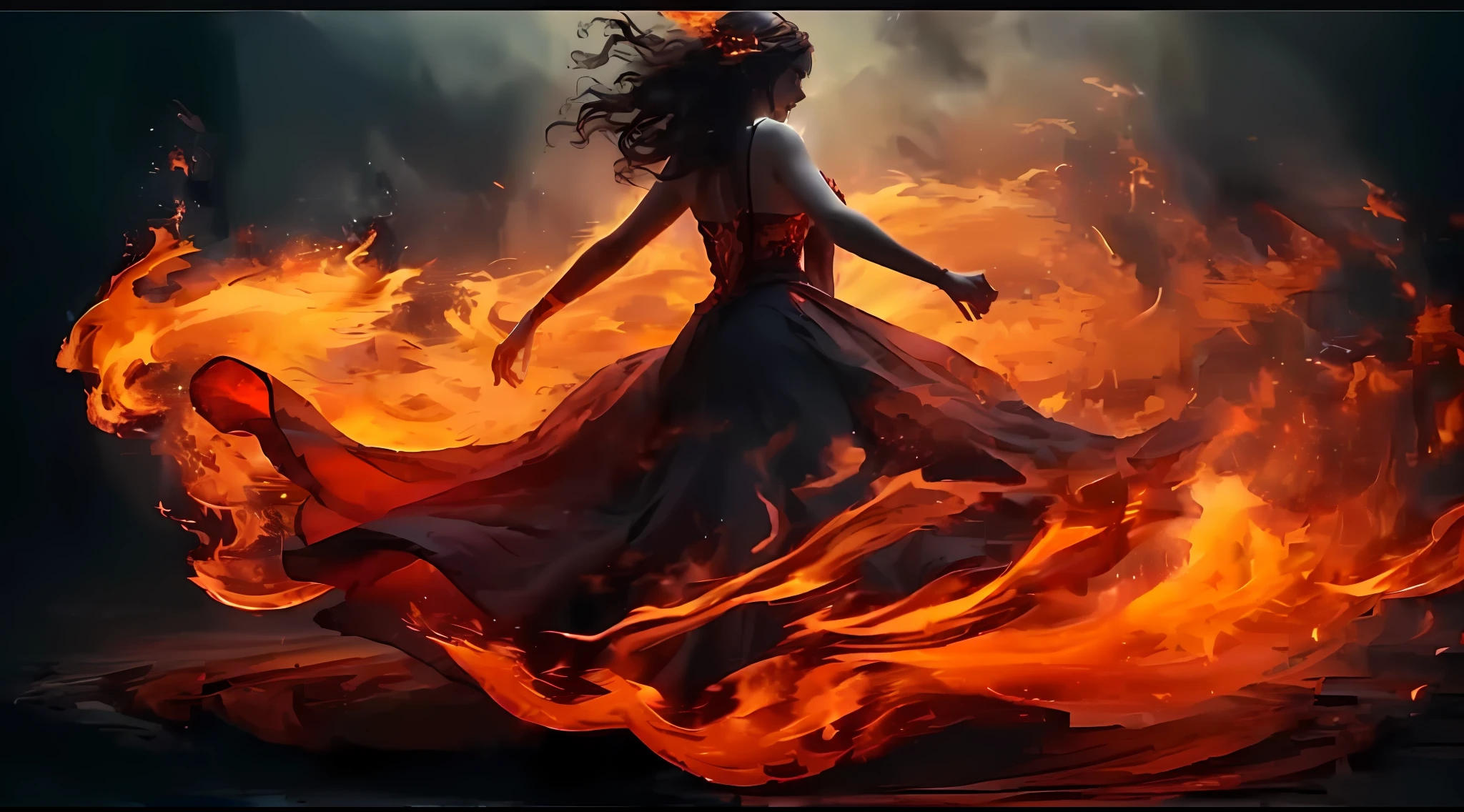 a woman in a long dress is dancing in the fire, dress made of fire, flames surround her, fire dress, her body made of flames, appears as the fire goddess, goddess of fire, walking out of flames, engulfed in swirling flames, her hair is made out of fire, standing in fire, the fire queen, the butterfly goddess of fire
