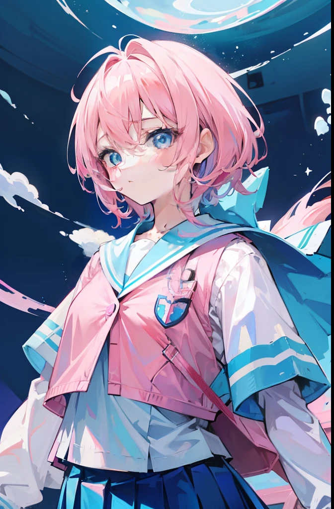 light pink colored hair,Powder-blue pupils,JK uniform and pleated skirt,pink and blue color,Fair and flawless sweet loli girl