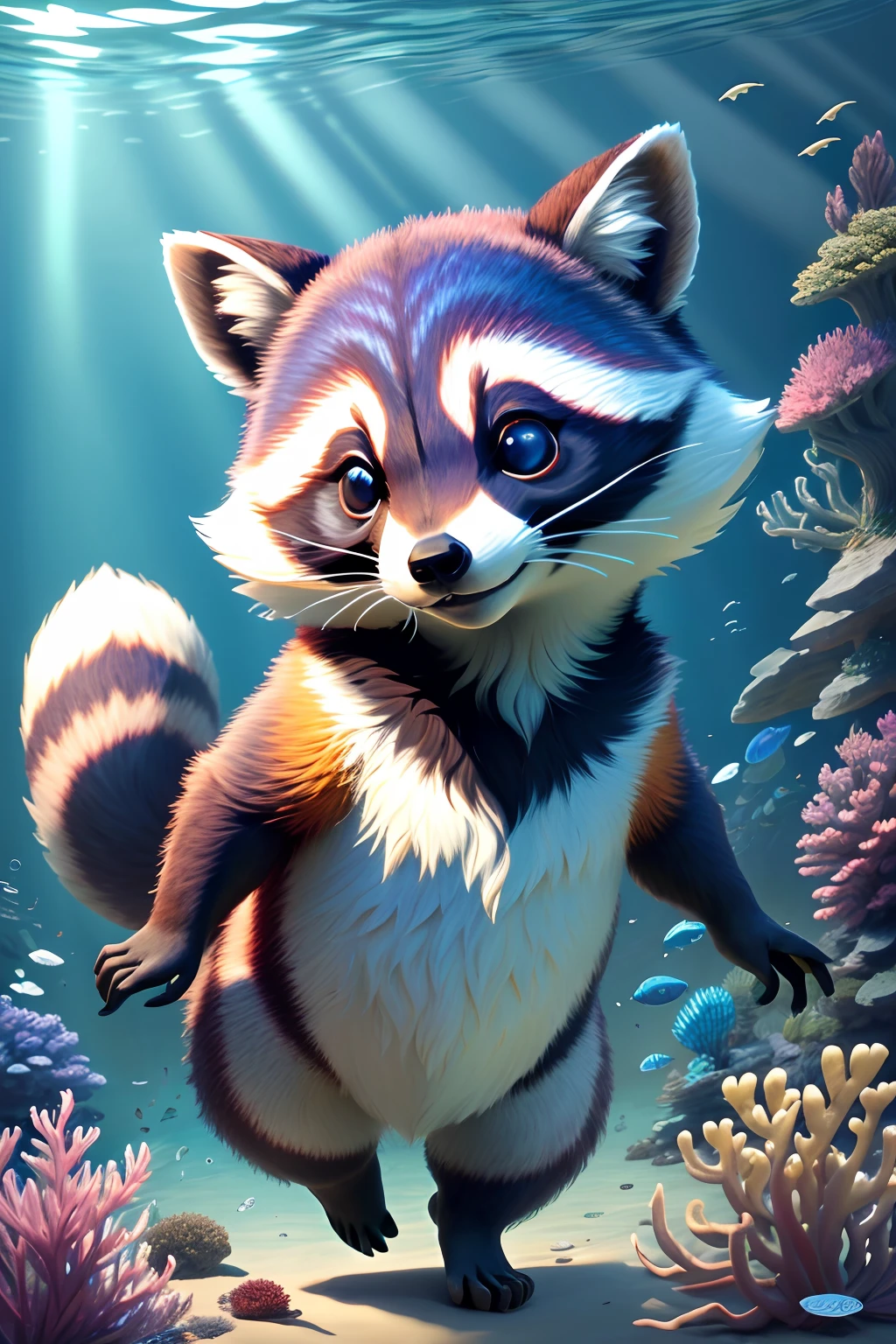 (highres, best quality:1.2), radiance, soft contours, beautiful drawing, concept art, detailed background, bright colors, 3DMM,
raccoon, underwater world