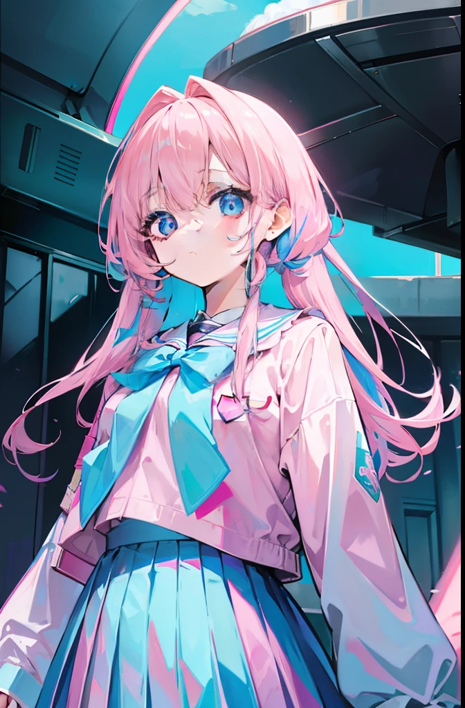 light pink colored hair,Powder-blue pupils,JK uniform and pleated skirt,pink and blue color,Fair and flawless sweet loli girl