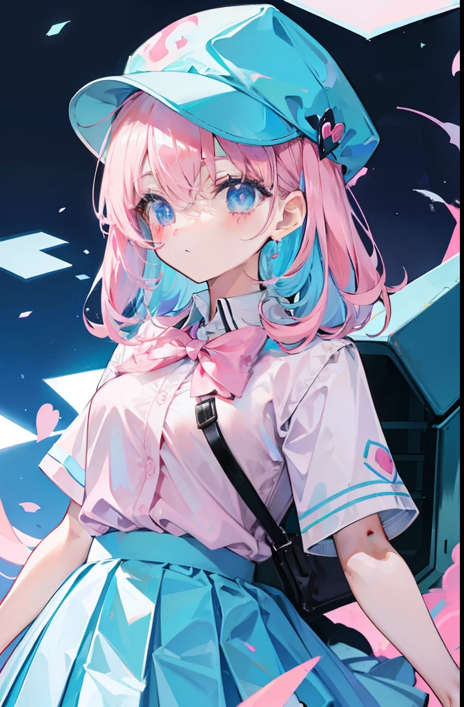 light pink colored hair,Powder-blue pupils,JK uniform and pleated skirt,pink and blue color,Fair and flawless sweet loli girl
