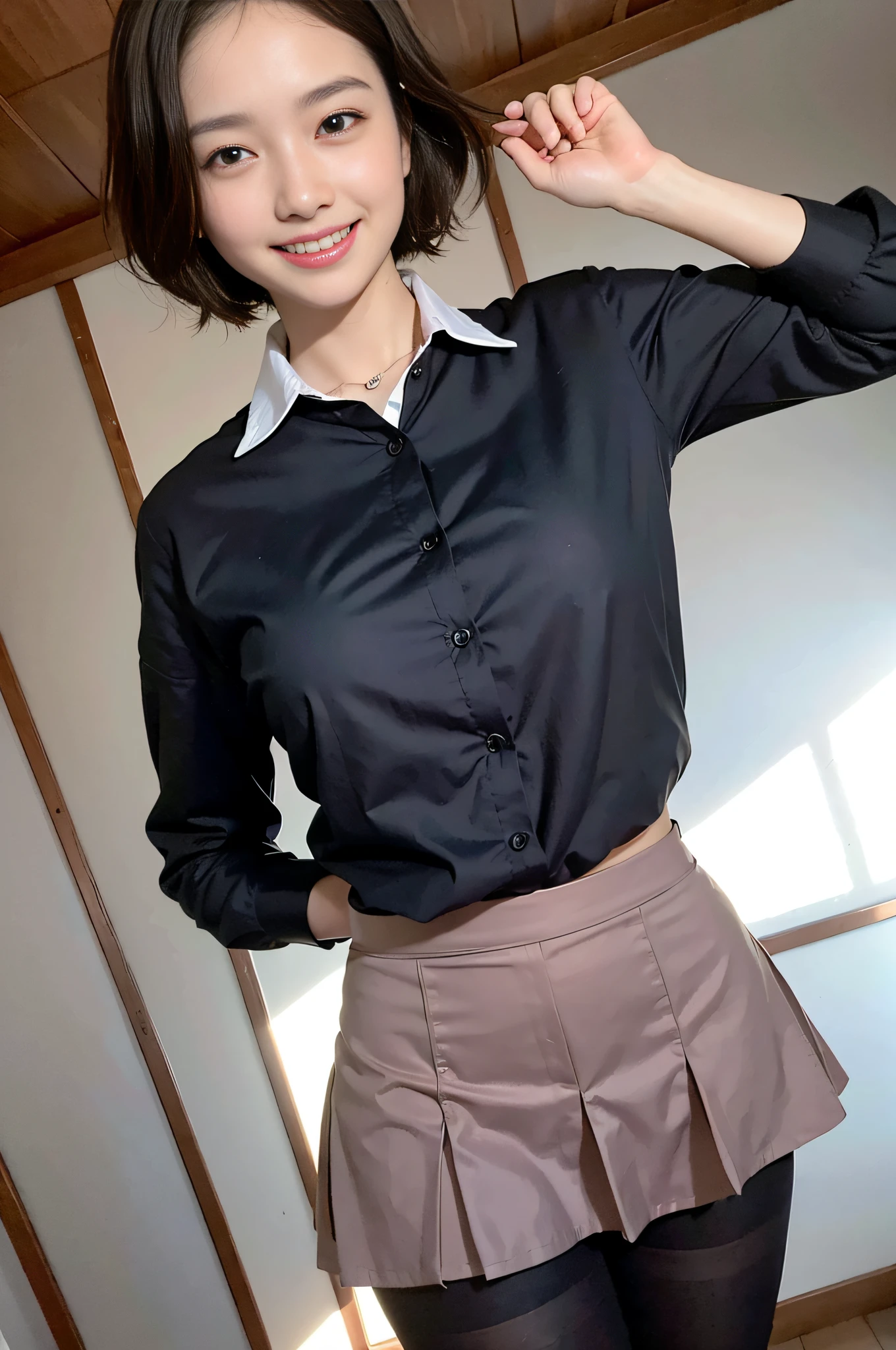 the Extremely Detailed CG Unity 8K Wallpapers, Best Quality, Ultra-detailed, masutepiece, Realistic, photos realistic, extremely detailed cute girl, medium breasts, Slender girl, Fine beautiful eyes, large round eyes,((Smile)), ((grin)), (Collared shirt: 1.1), Wet, White lace, (Short hair: 1.2), Floating Hair NovaFrogStyle, (Covered ), blush, Parted lips, Looking at Viewer , Cowboy Shot , Fashion Model Posing, Sensational attitude, (class room), (Private room) , Short hair , (Japan in girls' high school uniform ),(Plate skirt),((black pantyhose)),(Summer clothes)