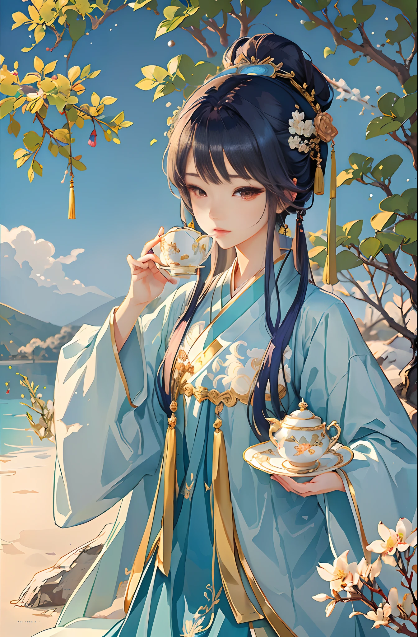 Anime girl in blue dress holding teacup and saucer, Palace ， A girl in Hanfu, Guviz-style artwork, a beautiful anime portrait, style of anime4 K, by Yang J, Digital anime illustration, Anime style illustration, anime visual of a cute girl, anime illustration, offcial art, High Quality Anime Art Style, Guviz