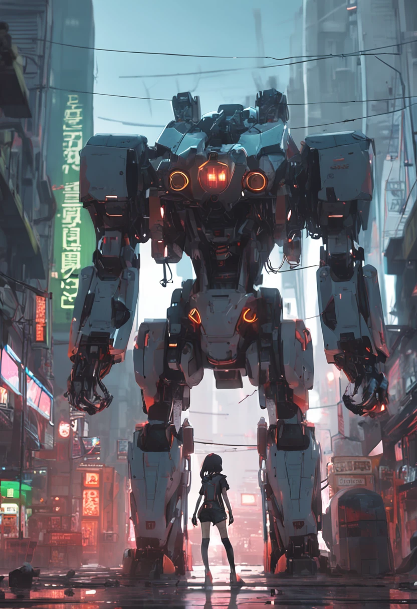 Anime girl in shorts and jacket standing next to giant robot,Guweiz style artwork,Cyberpunk anime girl mecha,Trends on CGiStations,guweiz,Russell Dongjun Lu,digital cyberpunk anime art,ross tran 8 k,Guweiz on ArtStation Pixiv ,Mecha network armor girl,Chest leakage