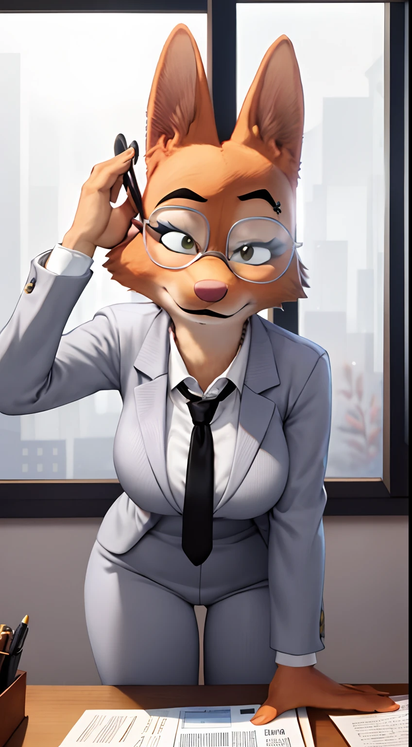 a beautiful and detailed head portrait of diane foxington, in governor's office, glasses,orange body, black lips, eyelashes, eyebrow piercing, nude body,spread legs, pussy, wet legs, pussy juice, saliva from mouth, open mouth