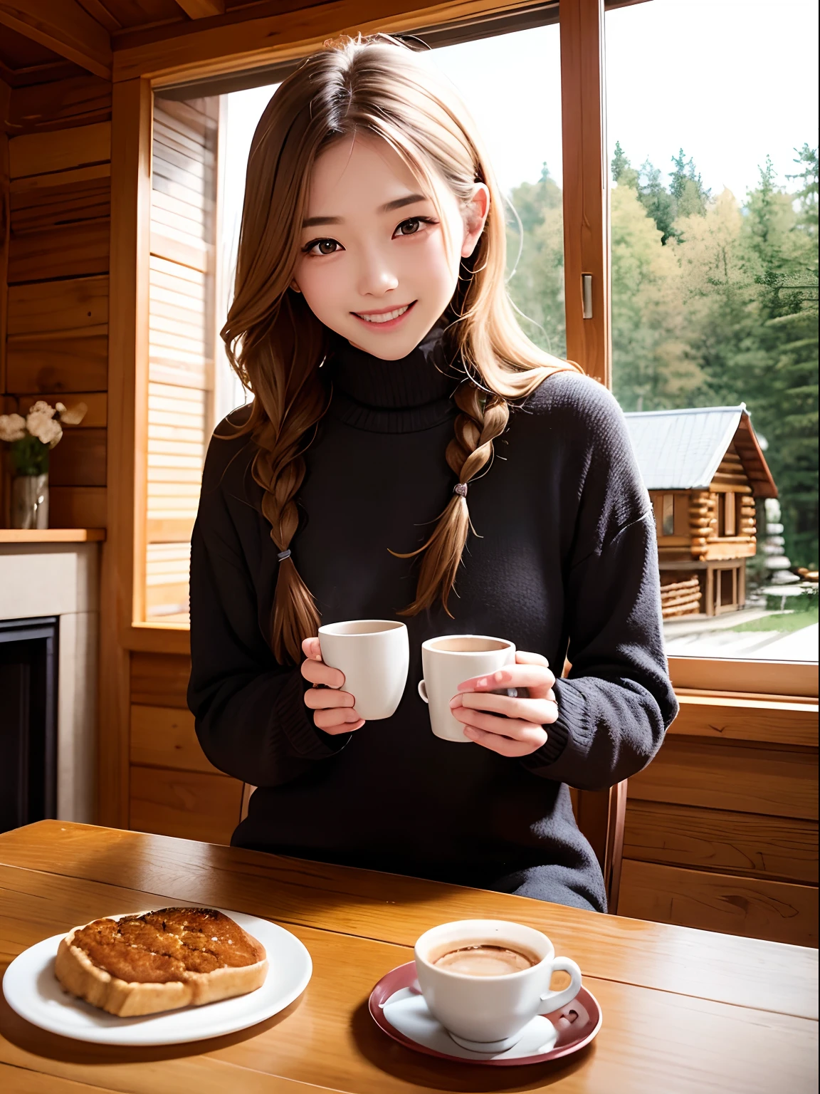25-years old、girl with、Eye Catch、a blond、Braids、kindly smile、Log Houses、Warm fireplace、coffee