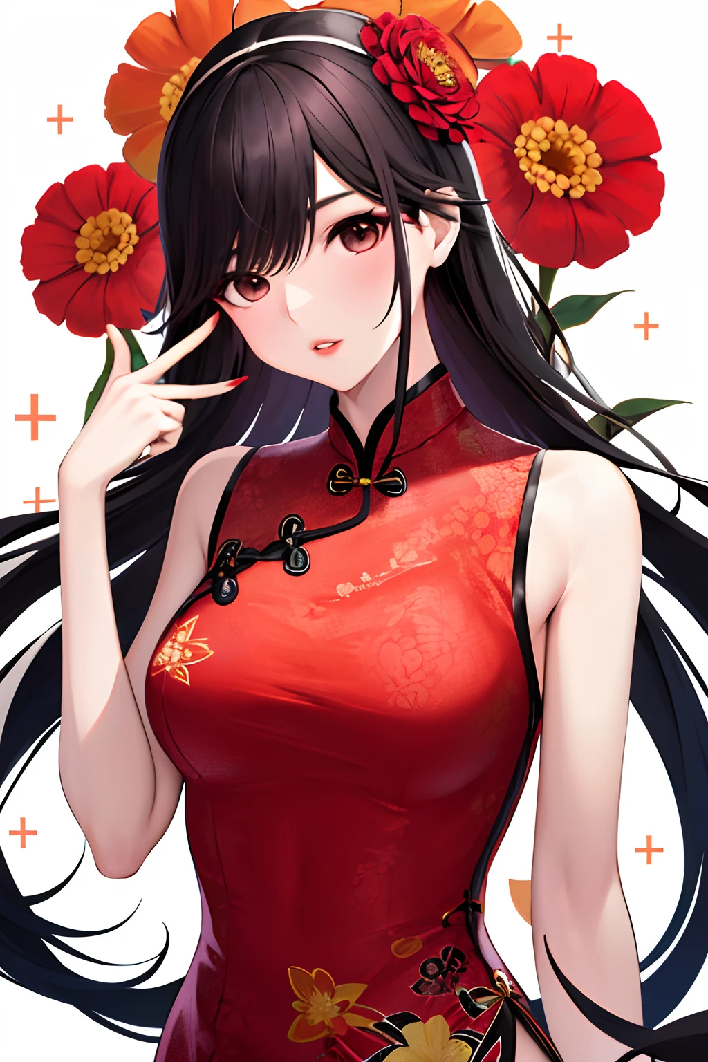 1 Girl, Upper Body, Fashion Girl, Cheongsam, Cheongsam, Hair Flower, (Best Quality: 1.4), (Best Quality: 1.4), (Glossy Skin), Red Lips, Face Looking at the Beholder, Big, Parted Lips