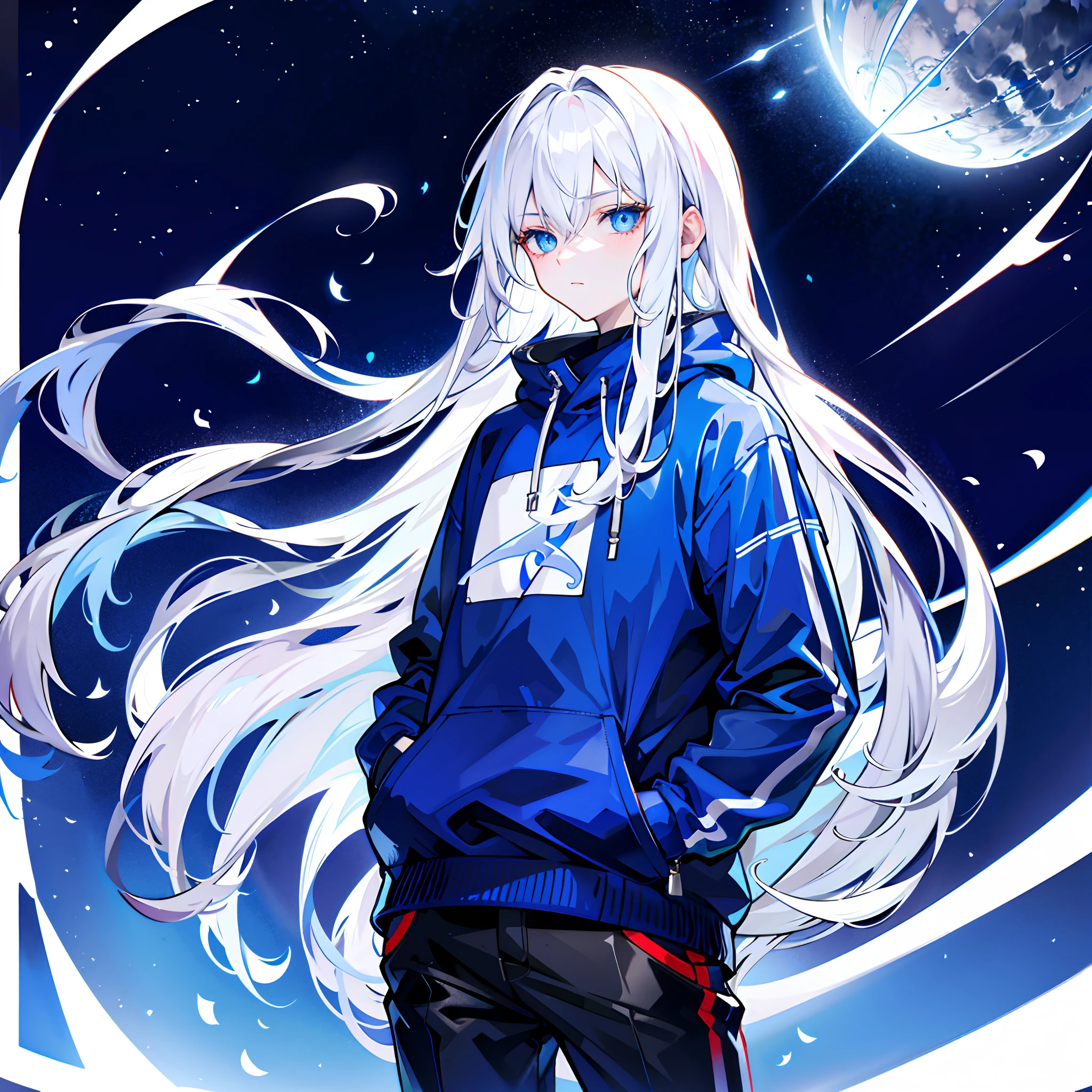 (tmasterpiece，best qualtiy)，A beautiful boy with long white hair，blue color eyes，Sweatshirt，nightcity，Sateen，，Put your hands in your pockets