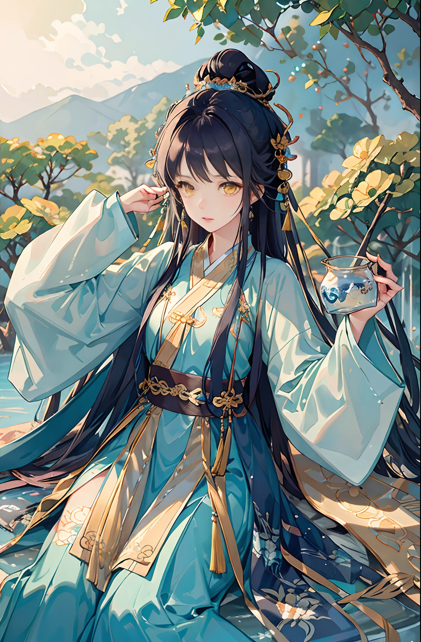 Best quality at best，Complicated details，A high resolution，（beautiful detailed  water：1.4），（Hanfu，Tang Feng），Yellow eyes，（Girl in a glass jar：1.1），drinking milktea