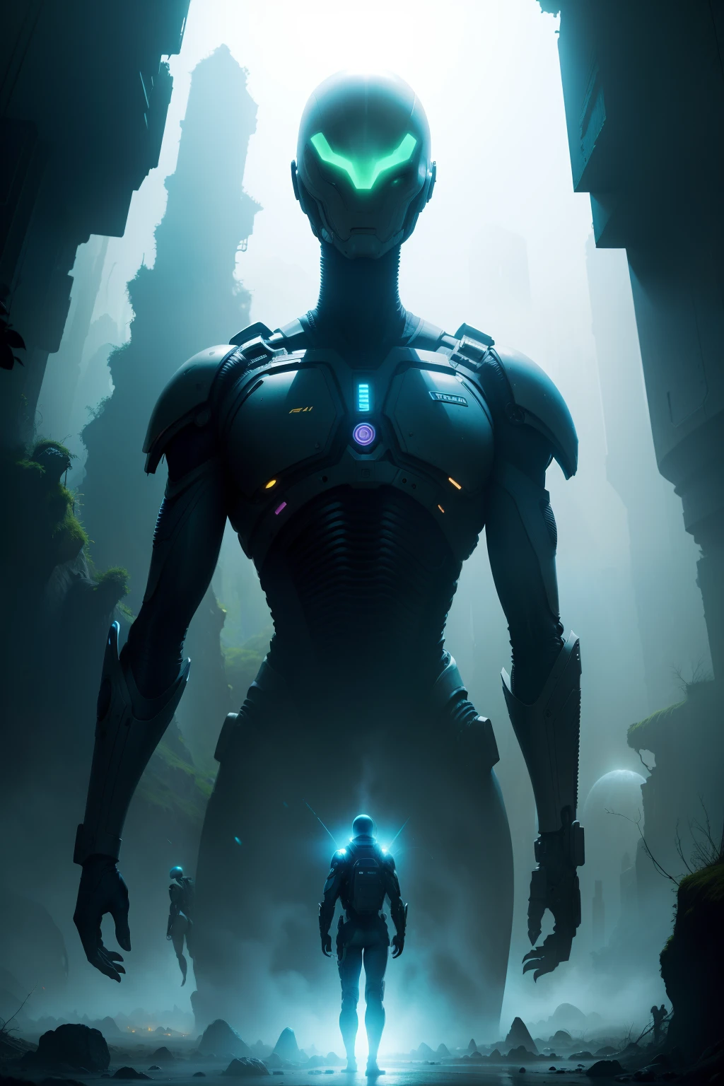 humans in techsuits,alien world,alien animals,alien from matrix  movie,alien ruins,bright colors,mist,backlight