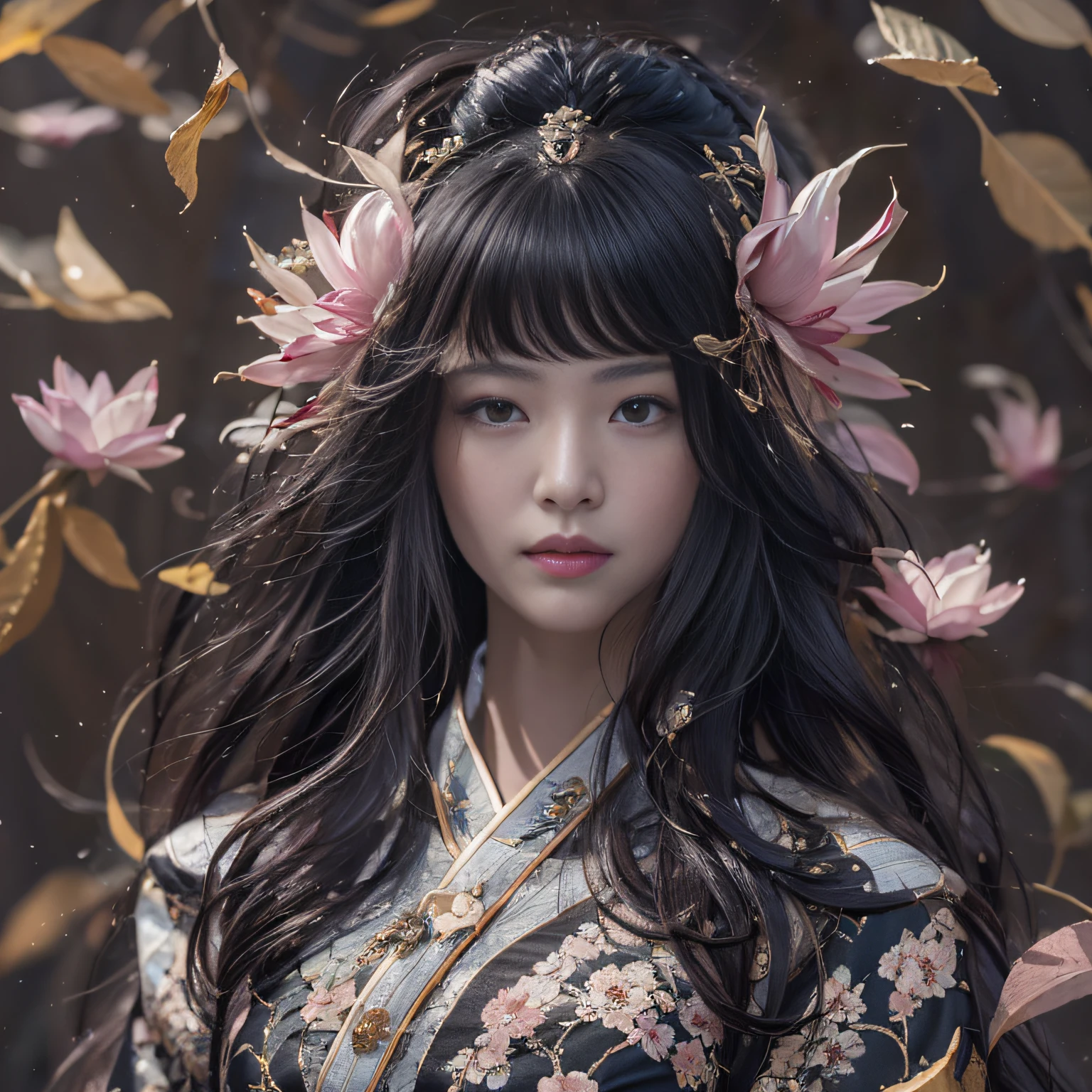 32K(tmasterpiece,k hd,hyper HD,32K)Long flowing black hair,ponds,zydink, a color, Asian people (Silly girl), (Silk scarf), Combat posture, looking at the ground, long whitr hair, Floating hair, Carp pattern headdress, Chinese long-sleeved clothing, (abstract ink splash:1.2), Pink petal background,Pink and white lotus flowers fly(realisticlying:1.4),Black color hair,Fallen leaves flutter,The background is pure, A high resolution, the detail, RAW photogr, Sharp Re, Nikon D850 Film Stock Photo by Jefferies Lee 4 Kodak Portra 400 Camera F1.6 shots, Rich colors, ultra-realistic vivid textures, Dramatic lighting, Unreal Engine Art Station Trend, cinestir 800,Long flowing black hair