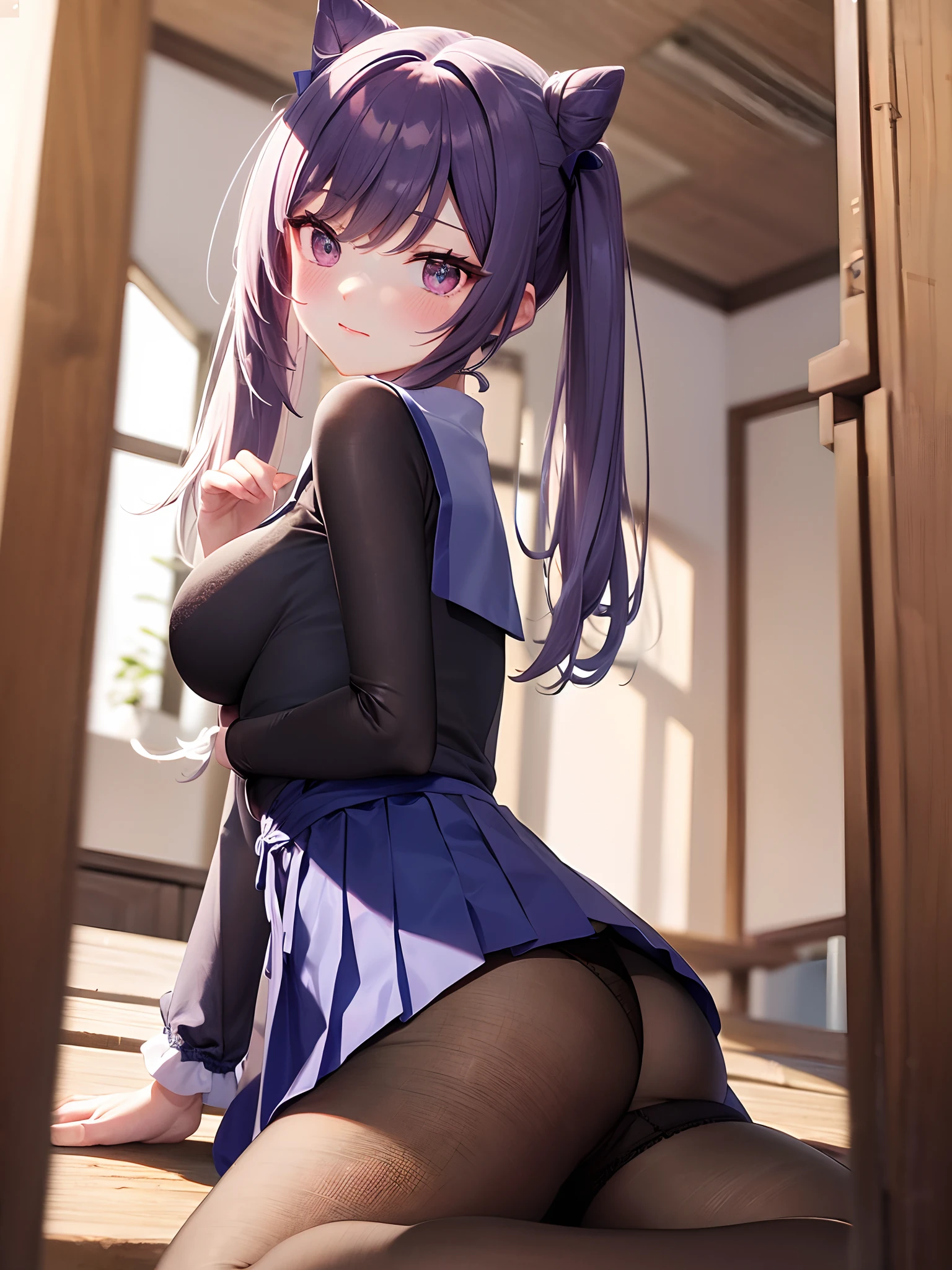 (One lady)、(masterpiece)、(best qualtiy)、(ultra-detailliert)、(a high chroma)、(CG Illustration)、((full-shot))、18 year old beautiful schoolgirl、Delicate beautiful face、(red blush)、(A dark-haired)、(dishevled hair)、(Anime-style eyes)、((White plain clothes))、See-through clothes:1.3、((120 denier black tights))、(Translucent panties)、(Dark blue pleated skirt、Blue sailor color)、(teats)、B cup breasts、((turned around))、The best lighting、simple background