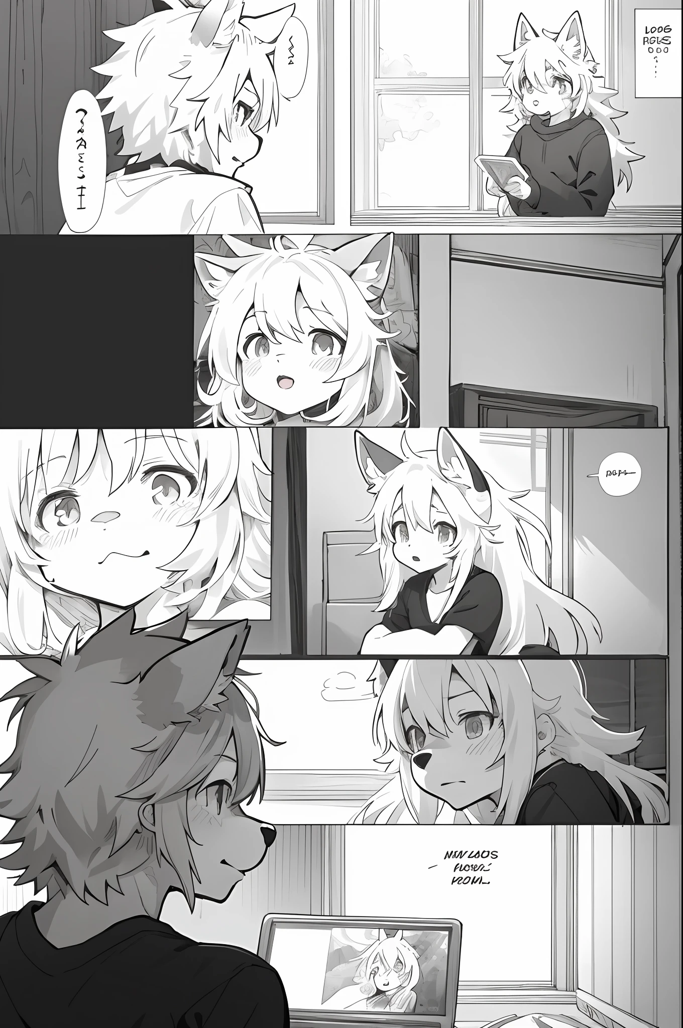 top quality, best quality, highres, unparalleled masterpiece, perfect artwork, paid reward available, indoor, couple of comics super cute 1girl and 1werewolf(kemono, furry anthro)boy hugs girl, sosaku hanga, black and white manga page, manga page, doujin, ddlc, anime, girls comic, black and white manga panel, zerochan,