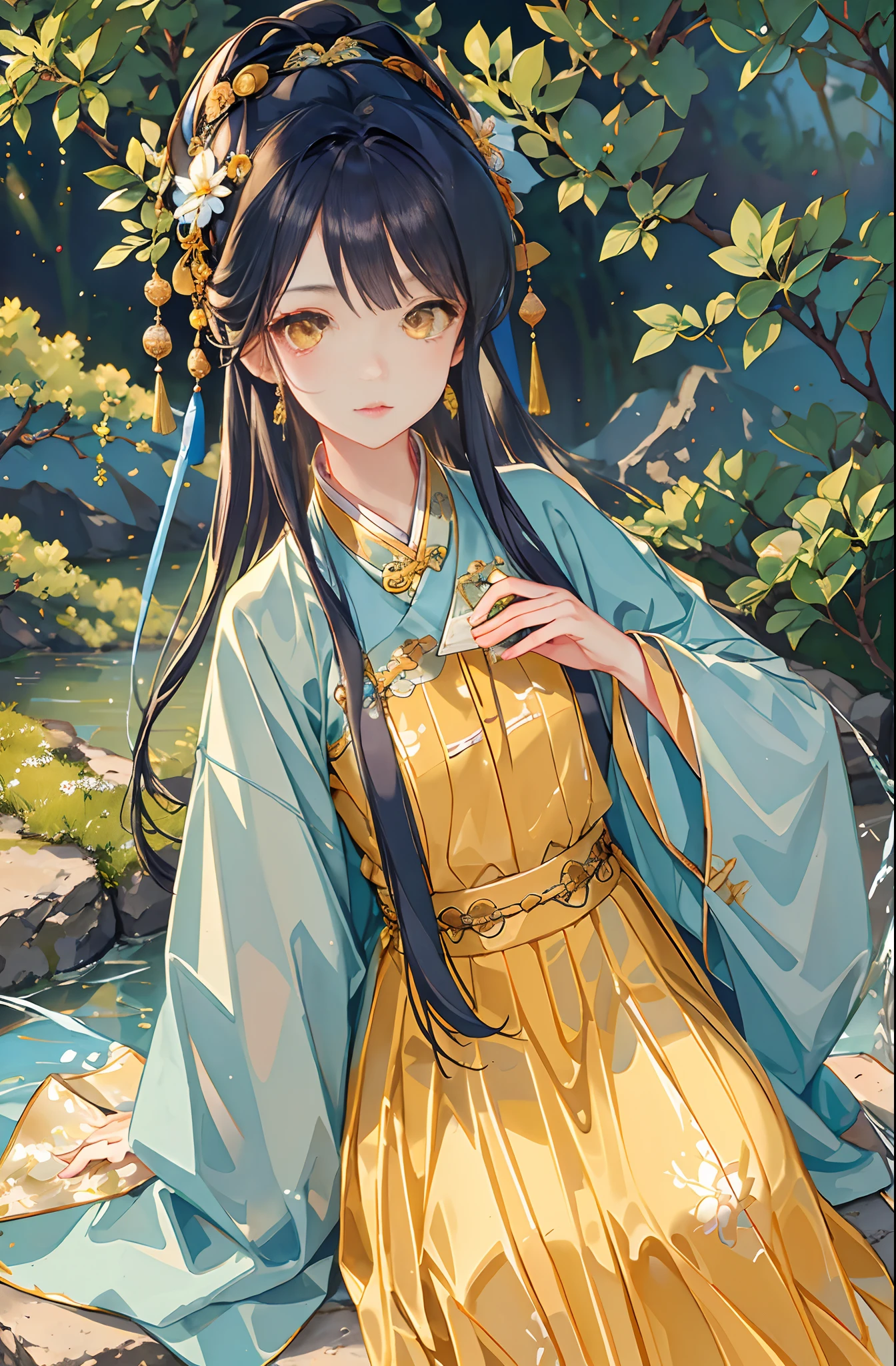 Best quality at best，Complicated details，A high resolution，（beautiful detailed  water：1.4），（Hanfu，Tang Feng），Yellow eyes，（Girl in a glass jar：1.1），drinking milktea