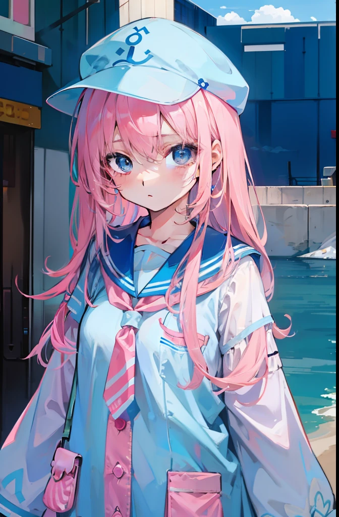 light pink colored hair，Powder-blue pupils，Pink and blue sailor suits，Fair and flawless sweet loli girl