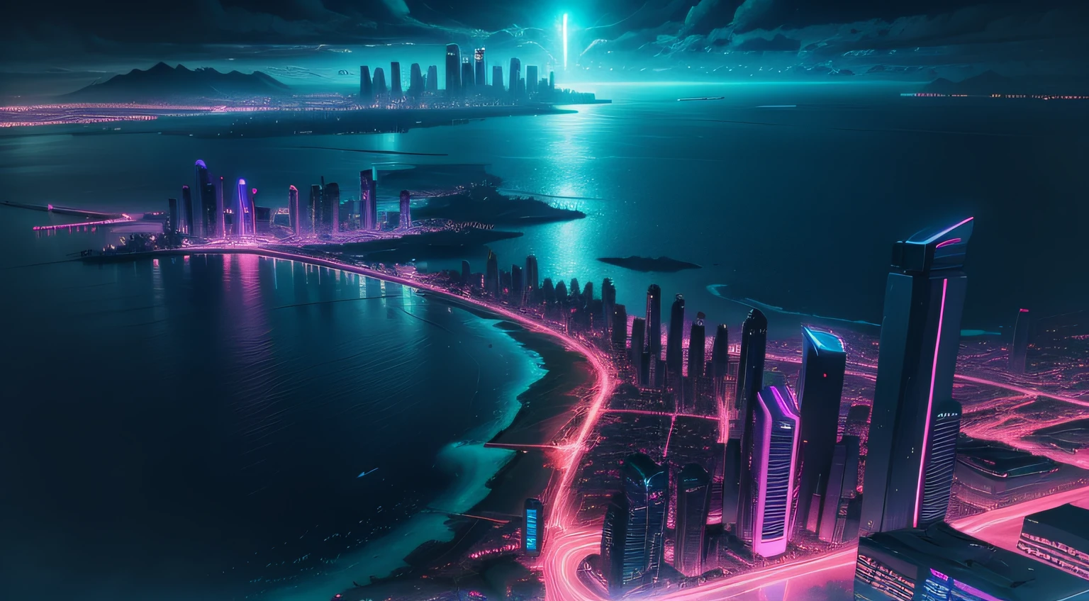 Synthwave aesthetic, utopia city, wide angle shot, shot from the sky, night time, raining, ocean view