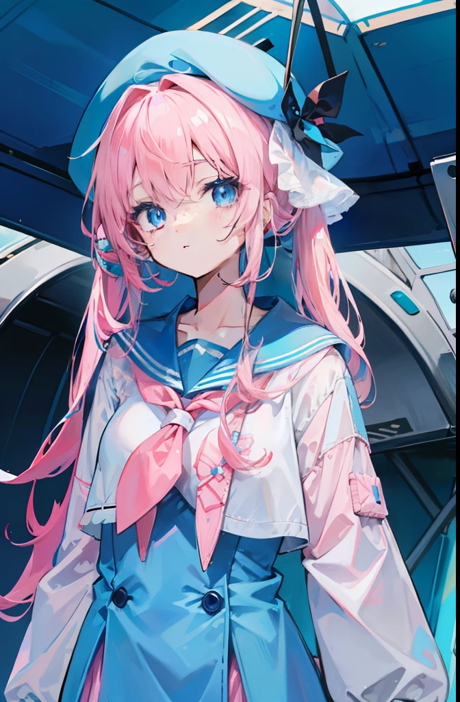 light pink colored hair,Powder-blue pupils,Pink and blue sailor suits,Fair and flawless sweet loli girl