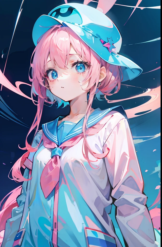 light pink colored hair，Powder-blue pupils，Pink and blue sailor suits，Fair and flawless sweet loli girl