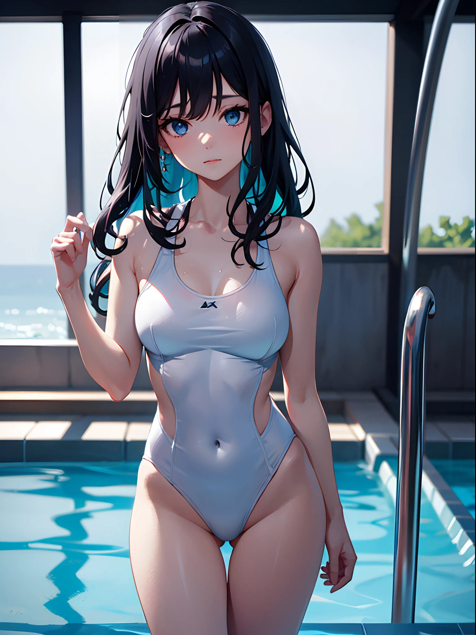 A girl in a white swimsuit, Black color hair, long whitr hair, Wet hair, blue color eyes, white swimsuits, (long leges:1.3), pool, reflective light, Depth of field, Chiaroscuro, hyper HD, Anatomically correct, Textured skin, Super detail, High details, Best quality