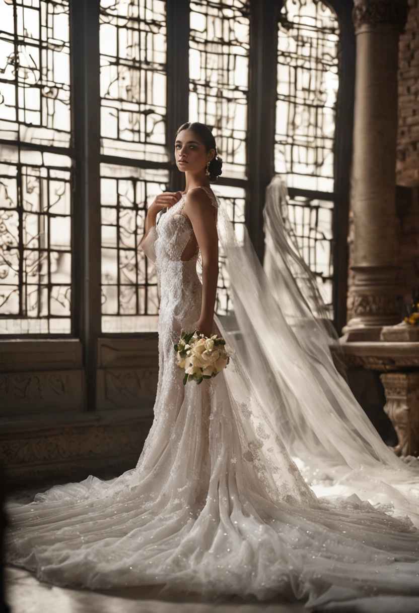 ((Adileen,Wearing glasses,brunette color hair)), randome pose, (An extremely delicate and beautiful work), (tmasterpiece), 1girl, An extremely detailed and elegant wedding dress, head gear, highly detailed, Ponytail Contortion, Enchanted expression, beautiful and clear eyes, Green eye pupils, delicatenecklace, Delicate earrings, Simple blurred background, Extreme detail description, big breasts beautiful, big breasts enchanting, hyperdetailed painting, s delicate face, exquisite body, fine collar bone,lovely lips, Behind the softness, mix4,(8k, RAW photos, best qualtiy, tmasterpiece:1.2), (realisticlying, photograph realistic:1.37), 1girll, adolable, view over city, the night, Sateen, dampness, profesional lighting, フォトンマッピング, ラジオシティ, physically-based renderingt, above waist,Bare chest,dewpoint