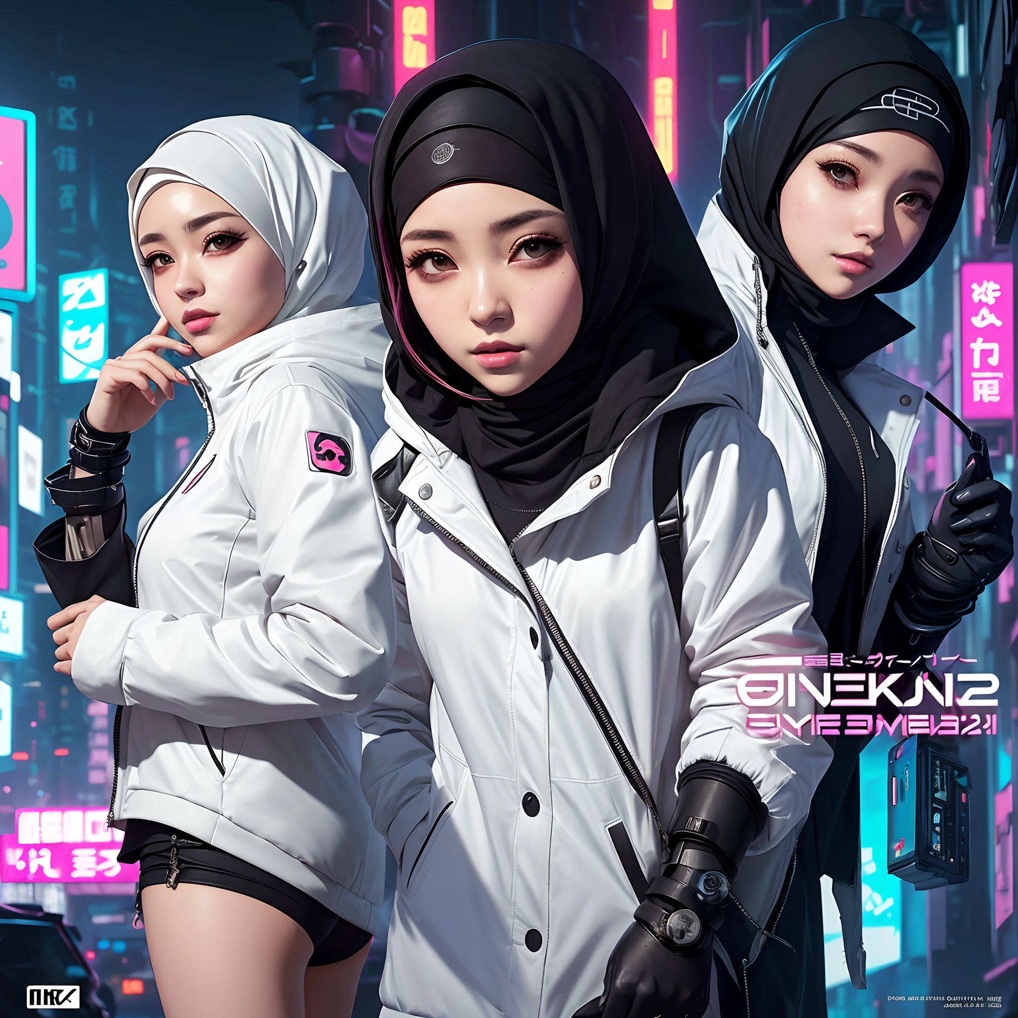 anime girl with hijab and a white jacket, rin, official artwork, art cover, album art cover, anime cover, in cyberpunk style, artwork in the style of guweiz, package cover, trending on artstation pixiv, cyberpunk anime girl, female cyberpunk anime girl, e-girl, modern cyberpunk anime, e - girl, anime cyberpunk art