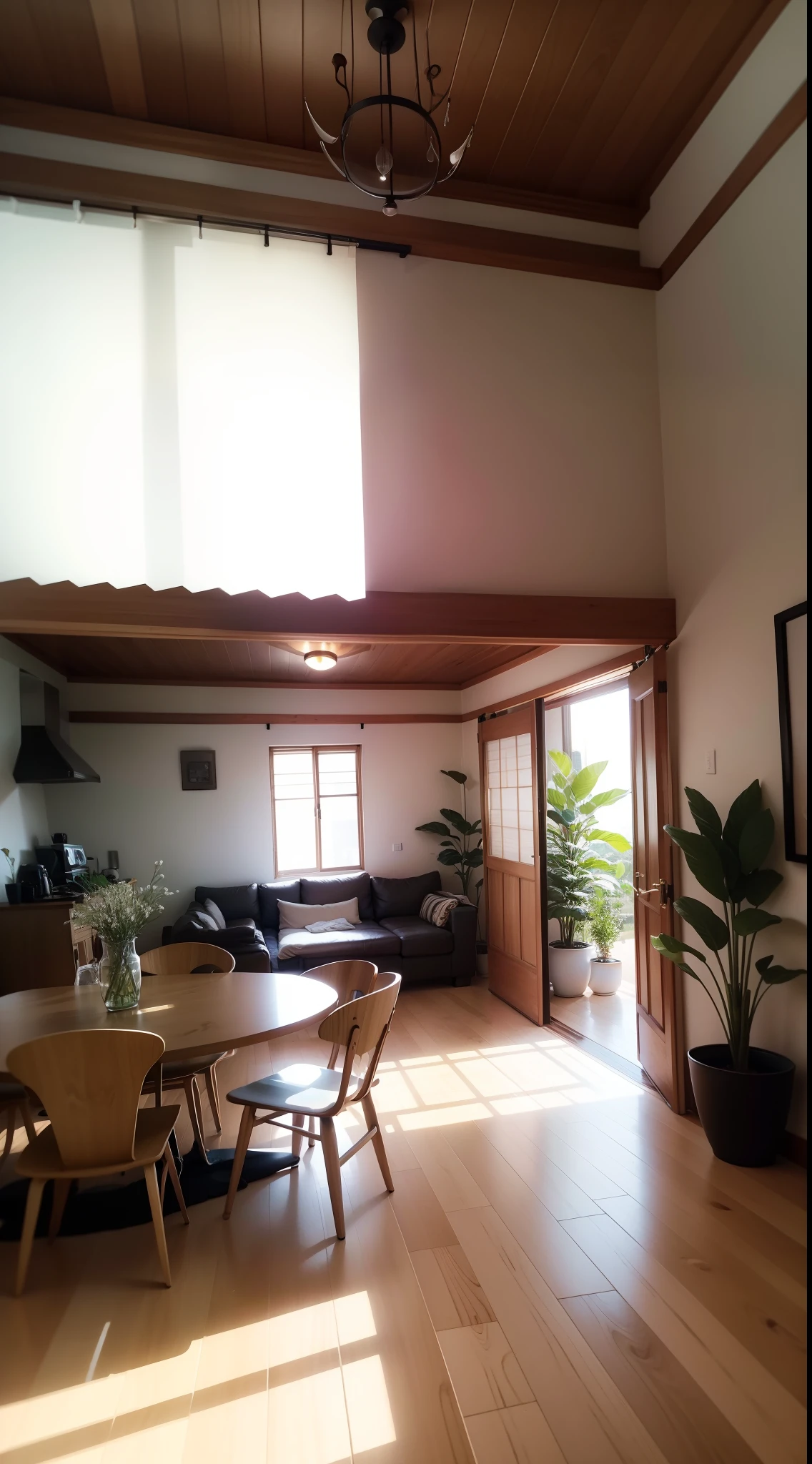 interior design、Insanely detailed wide-angle architectural photo、Cozy contemporary living room、(Bright and warm sunlight 1:0.1)、Award-winning contemporary interior design、landscapes、The table、a chair、in a house、Wooden flooring、window、resturant、east asian east asian architecture、sliding paper doors、abajour、architectural、the woods、naturey、cups、a plant、interior design、Insert lighting and shadows、depth of fields、low illuminance