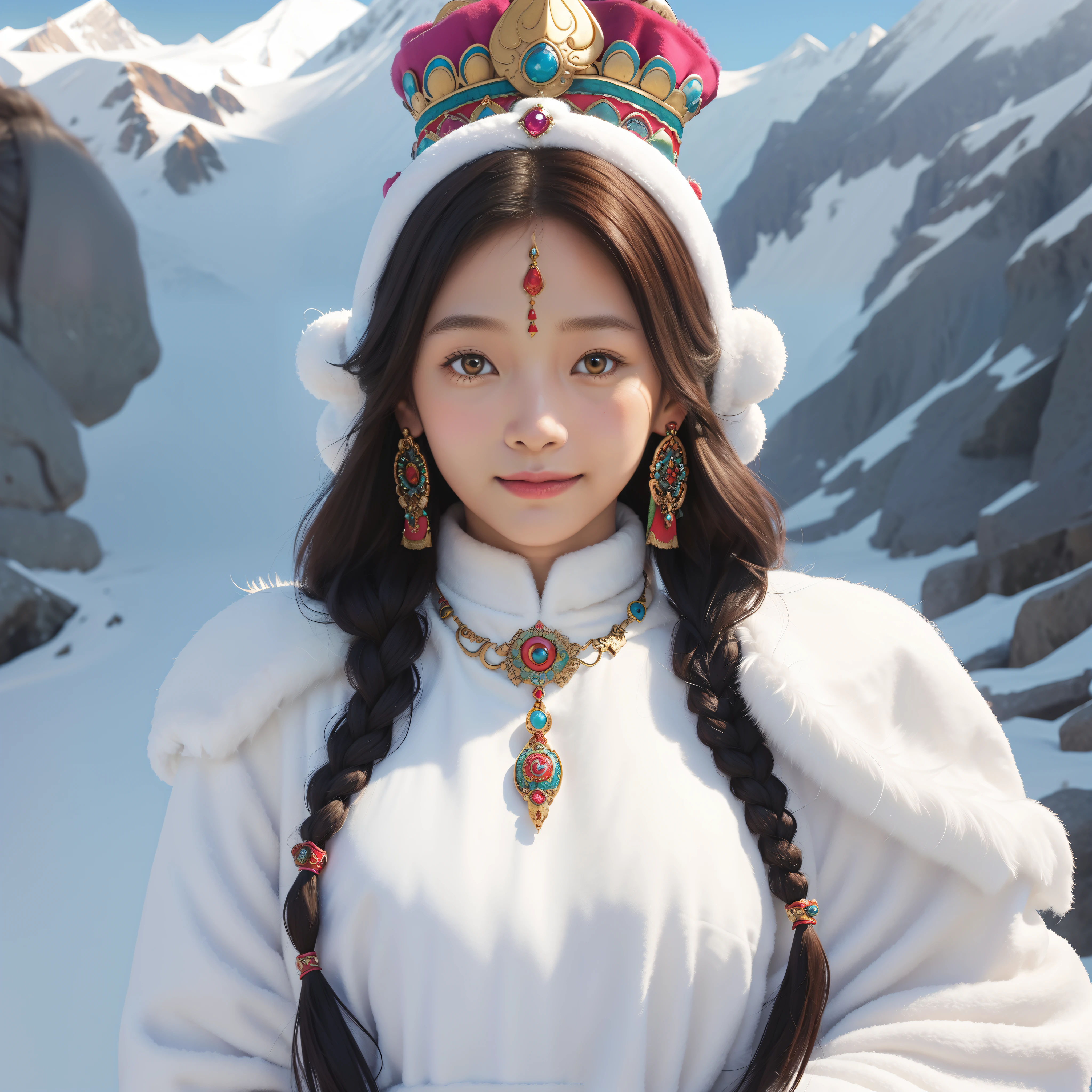A happy Mongolian girl wearing a fur hat. mongolian traditional green dress, holding a blue cloth in her palm style raw realistic