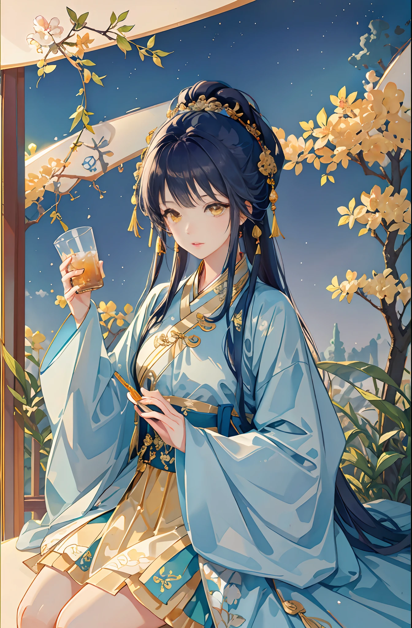 Best quality at best,Complicated details,A high resolution,(beautiful detailed water:1.4),(Hanfu,Tang Feng),Yellow eyes,(Girl in a glass jar:1.1),drinking milktea
