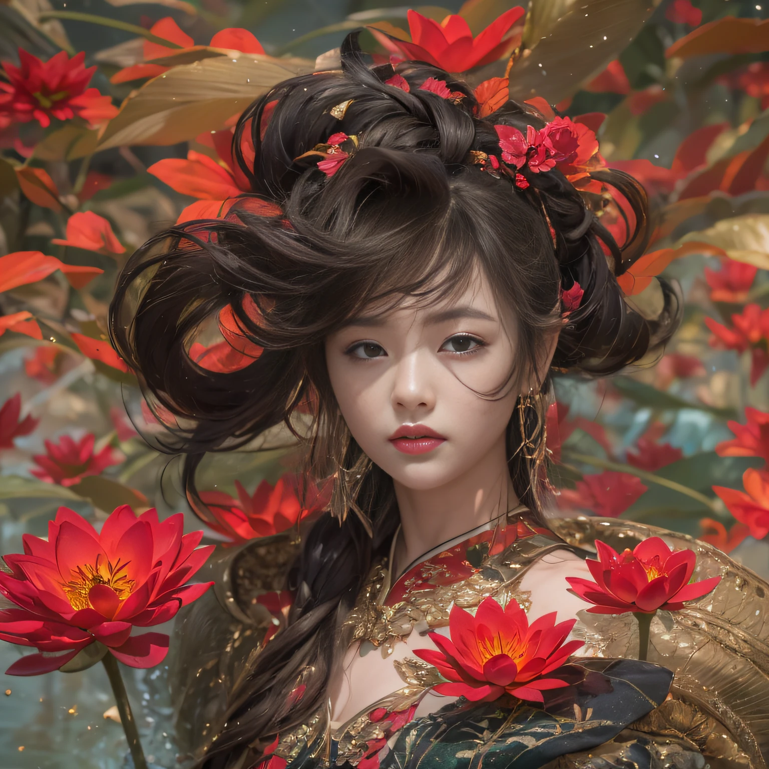 32K(tmasterpiece,k hd,hyper HD,32K)Large curls,Flowing rouge,ponds,zydink, a color, Asian people (Silly girl), (Silk scarf), Combat posture, looking at the ground, Large rolls of rouge, Flowing rouge curls,Red onyx emerald emerald headdress, Chinese long-sleeved black gold garment, (abstract ink splash:1.2), Pink lotus background,Water lily flower protector(realisticlying:1.4),Rouge hair,Autumn is in full swing,The background is pure, A high resolution, the detail, RAW photogr, Sharp Re, Nikon D850 Film Stock Photo by Jefferies Lee 4 Kodak Portra 400 Camera F1.6 shots, Rich colors, ultra-realistic vivid textures, Dramatic lighting, Unreal Engine Art Station Trend, cinestir 800,Large curls,Flowing rouge