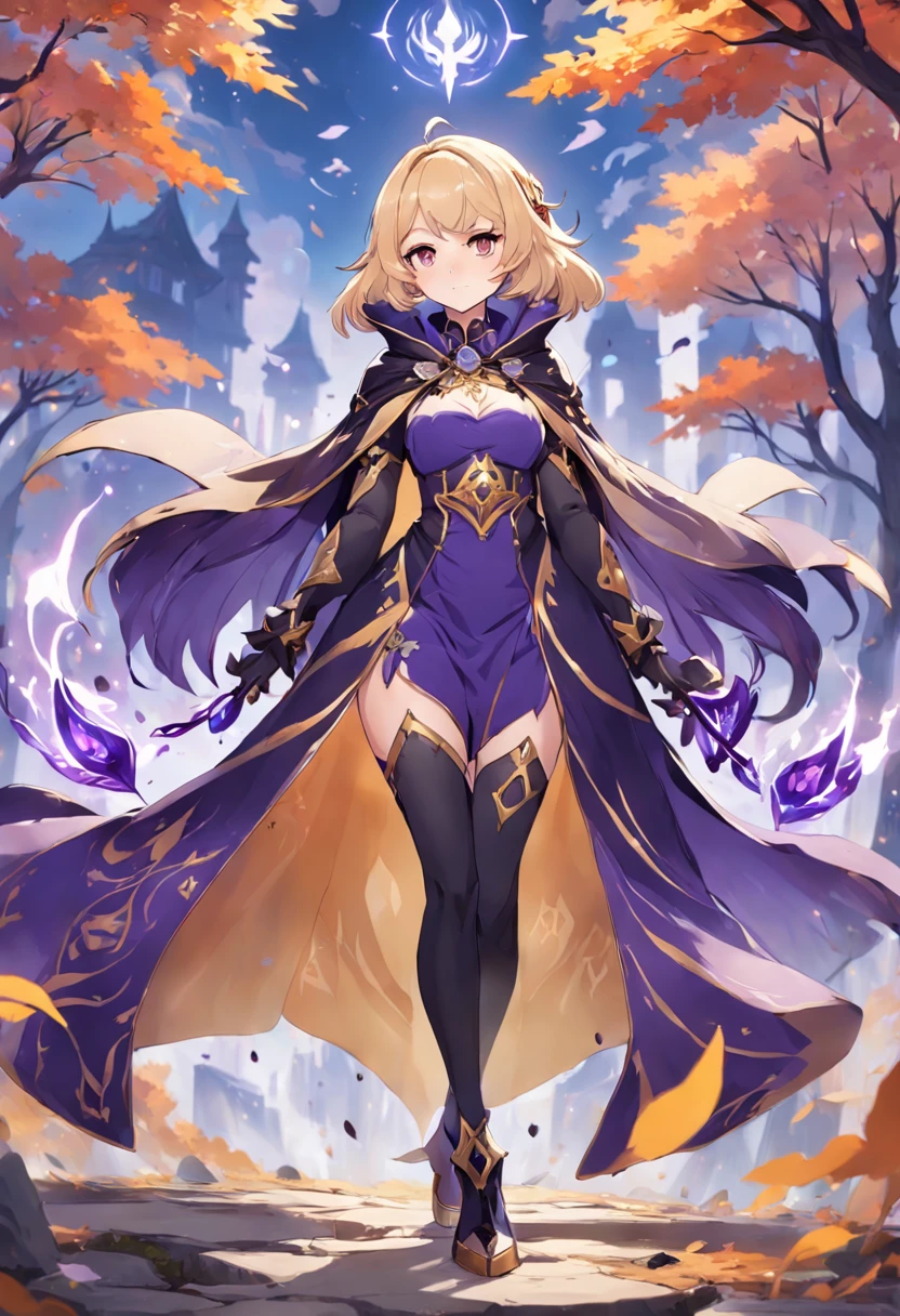 A painting of a woman in a purple cloak and black boots, Half caller, half incense, adorned in majestic attire, Genshin impact's character, Gorgeous cape, Aromatic, high quality character design, interesting character design, Gorgeous Role Play, intricate costume design, Great character design, Ayaka Genshin impact, Genshin Impact style, character art of maple story