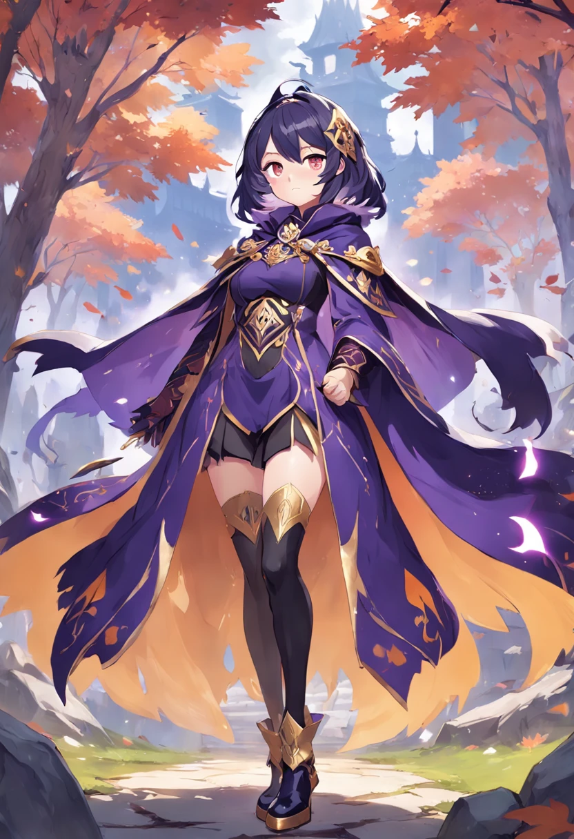 A painting of a woman in a purple cloak and black boots, Half caller, half incense, adorned in majestic attire, Genshin impact's character, Gorgeous cape, Aromatic, high quality character design, interesting character design, Gorgeous Role Play, intricate costume design, Great character design, Ayaka Genshin impact, Genshin Impact style, character art of maple story