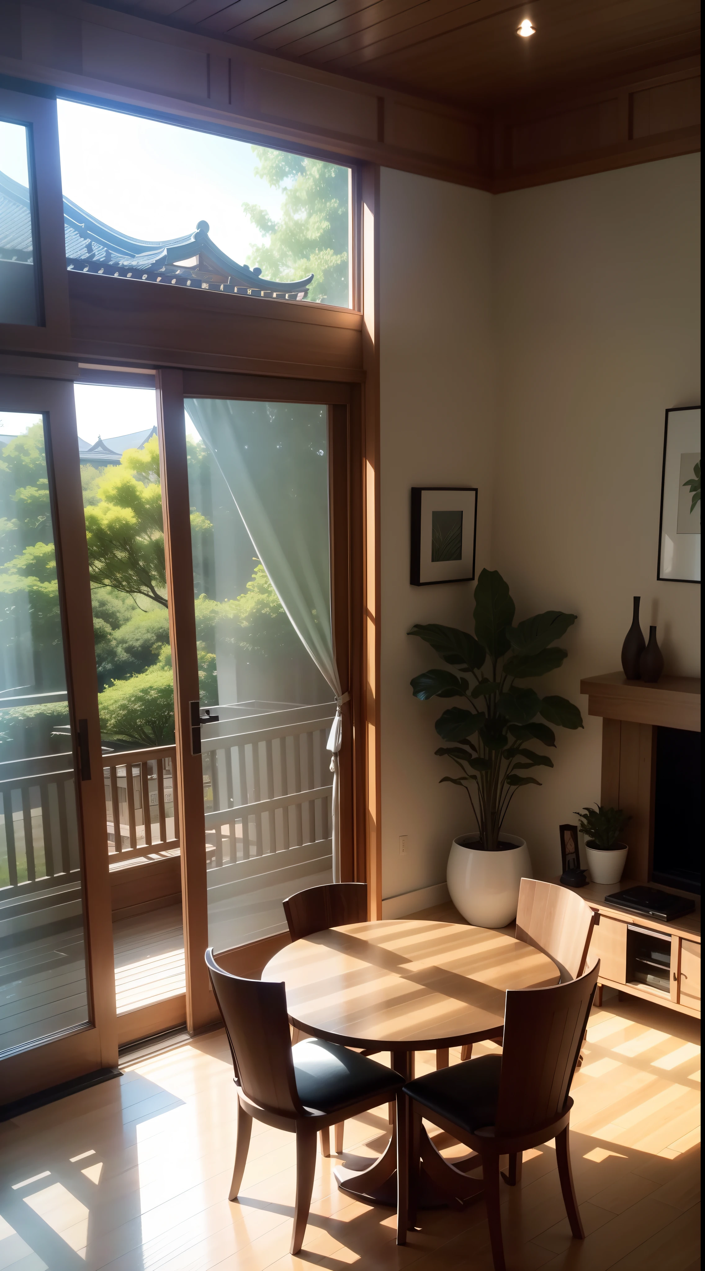 interior design、Insanely detailed wide-angle architectural photo、Cozy contemporary living room、(Bright and warm sunlight 1:0.1)、Award-winning contemporary interior design、landscapes、The table、a chair、in a house、Wooden flooring、window、resturant、east asian east asian architecture、sliding paper doors、abajour、architectural、the woods、naturey、cups、a plant、interior design、Insert lighting and shadows、depth of fields、low illuminance