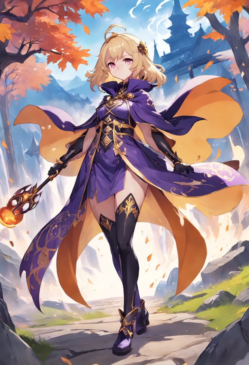 A painting of a woman in a purple cloak and black boots, Half caller, half incense, adorned in majestic attire, Genshin impact's character, Gorgeous cape, Aromatic, high quality character design, interesting character design, Gorgeous Role Play, intricate costume design, Great character design, Ayaka Genshin impact, Genshin Impact style, character art of maple story