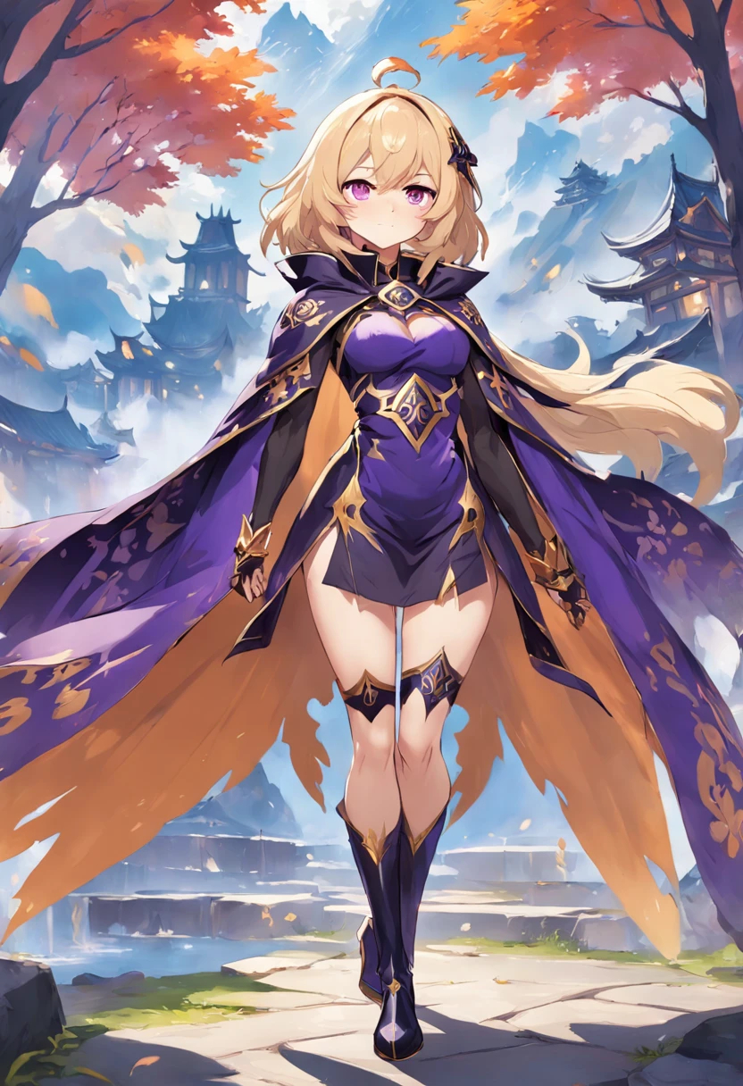 A painting of a woman in a purple cloak and black boots, Half caller, half incense, adorned in majestic attire, Genshin impact's character, Gorgeous cape, Aromatic, high quality character design, interesting character design, Gorgeous Role Play, intricate costume design, Great character design, Ayaka Genshin impact, Genshin Impact style, character art of maple story