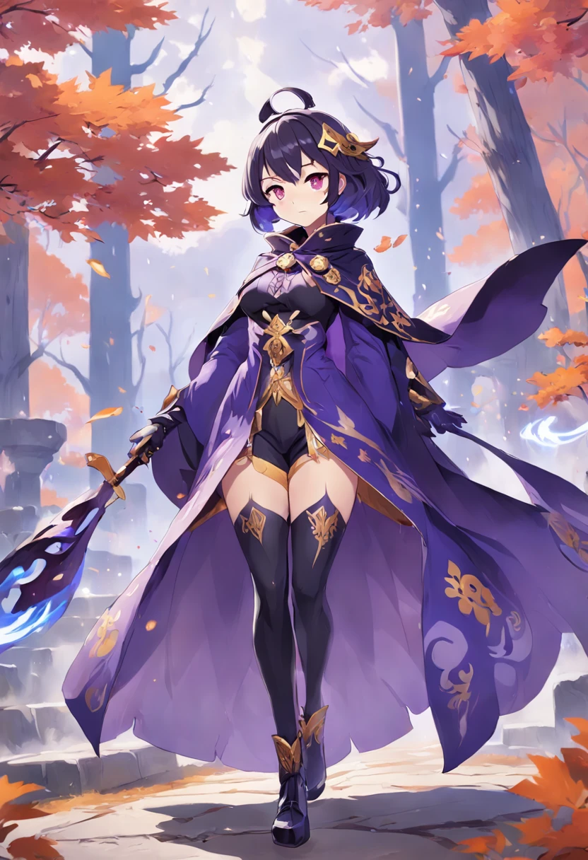 A painting of a woman in a purple cloak and black boots, Half caller, half incense, adorned in majestic attire, Genshin impact's character, Gorgeous cape, Aromatic, high quality character design, interesting character design, Gorgeous Role Play, intricate costume design, Great character design, Ayaka Genshin impact, Genshin Impact style, character art of maple story