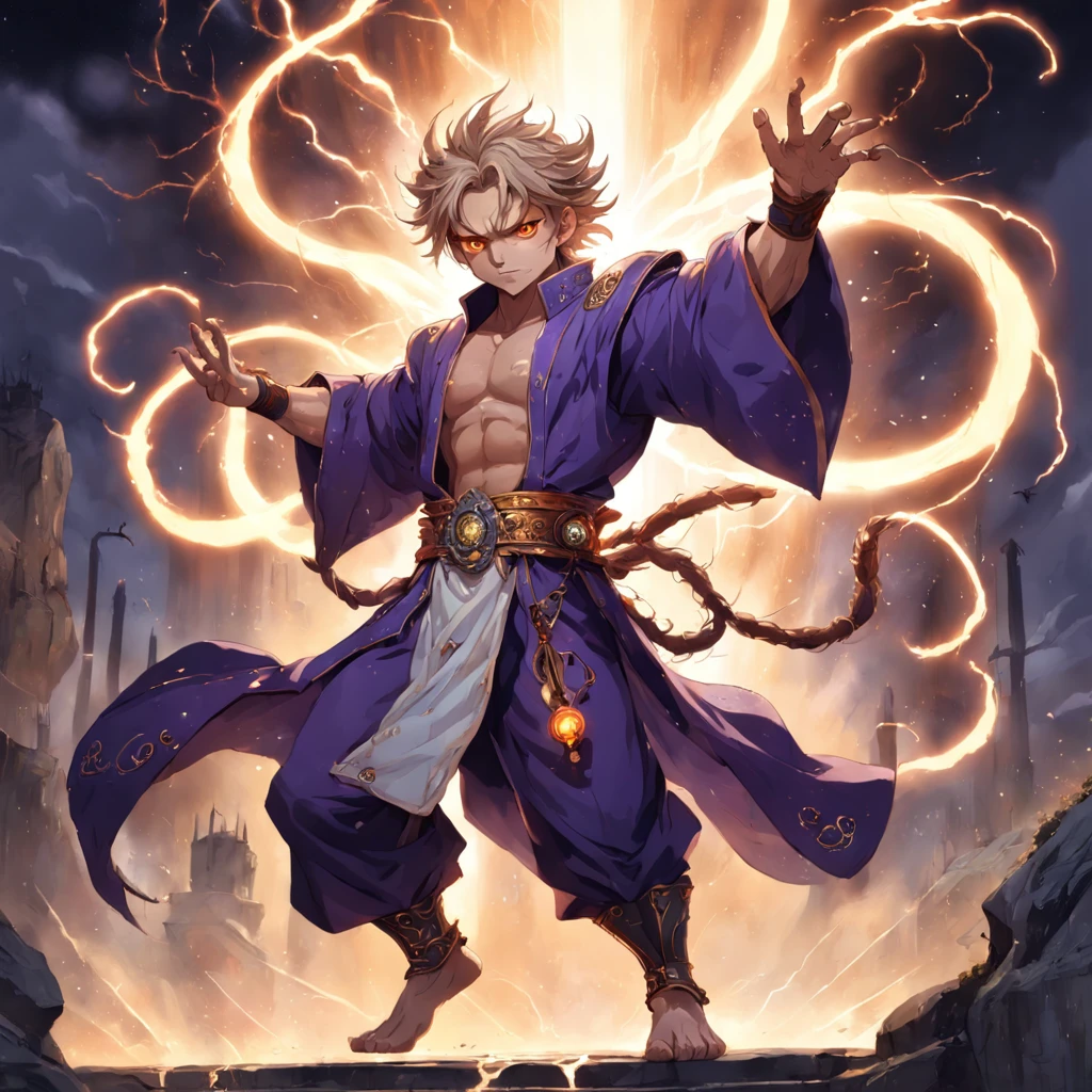 Hyperdetailed Painting, Jean-Baptiste Monge Style, persian cat Anthropomorphic, steampunk ,, , (extremely intricate robes, magical robes orange and purple), (extremely detailed background), ((dynamic background)), ((lightning)), (light rays), ,, , highest quality,, very angry face, body fitness, full body, long hair with braids , at night in the cemetery with fireflies , casting lightning, electricity, swirling fire, radiating power, sparks, smoke, magic, ((dramatic)), epic, battlefield, depth of field, bokeh, 4k, gothic, ember, particles stands imposing in an ancient lost city. Chiseled perfect body, insanely handsome and masculine face. Sunlight highlights his muscles and scars. The scenery is lush and mysterious, with ruins and vegetation. The camera details everything.