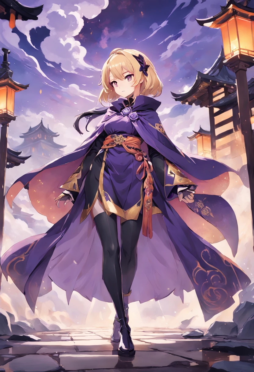 A painting of a woman in a purple cloak and black boots, concept art inspired by Okumura Masanobu, Pisif, conceptual art, Half caller, half incense, adorned in majestic attire, Genshin impact's character, Gorgeous cape, Aromatic, high quality character design, interesting character design, Gorgeous Role Play, intricate costume design, Great character design