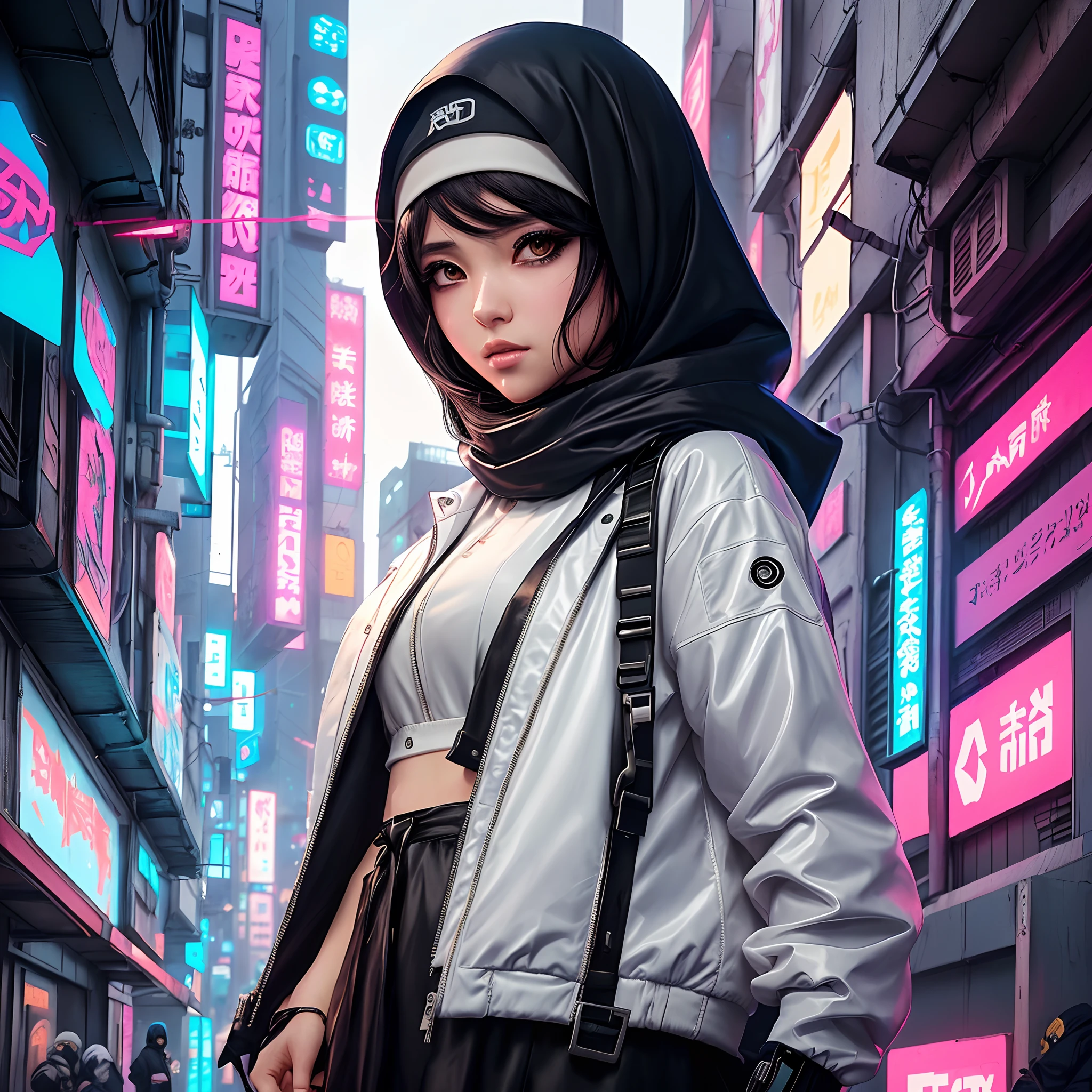 Raw photo,. Bokeh background,. Beautiful face, wearing hijab in magenta colors, wearing jacket in black color, sit pose, wearing black long skirt, ultra quality, very detailed, cyberpunk,