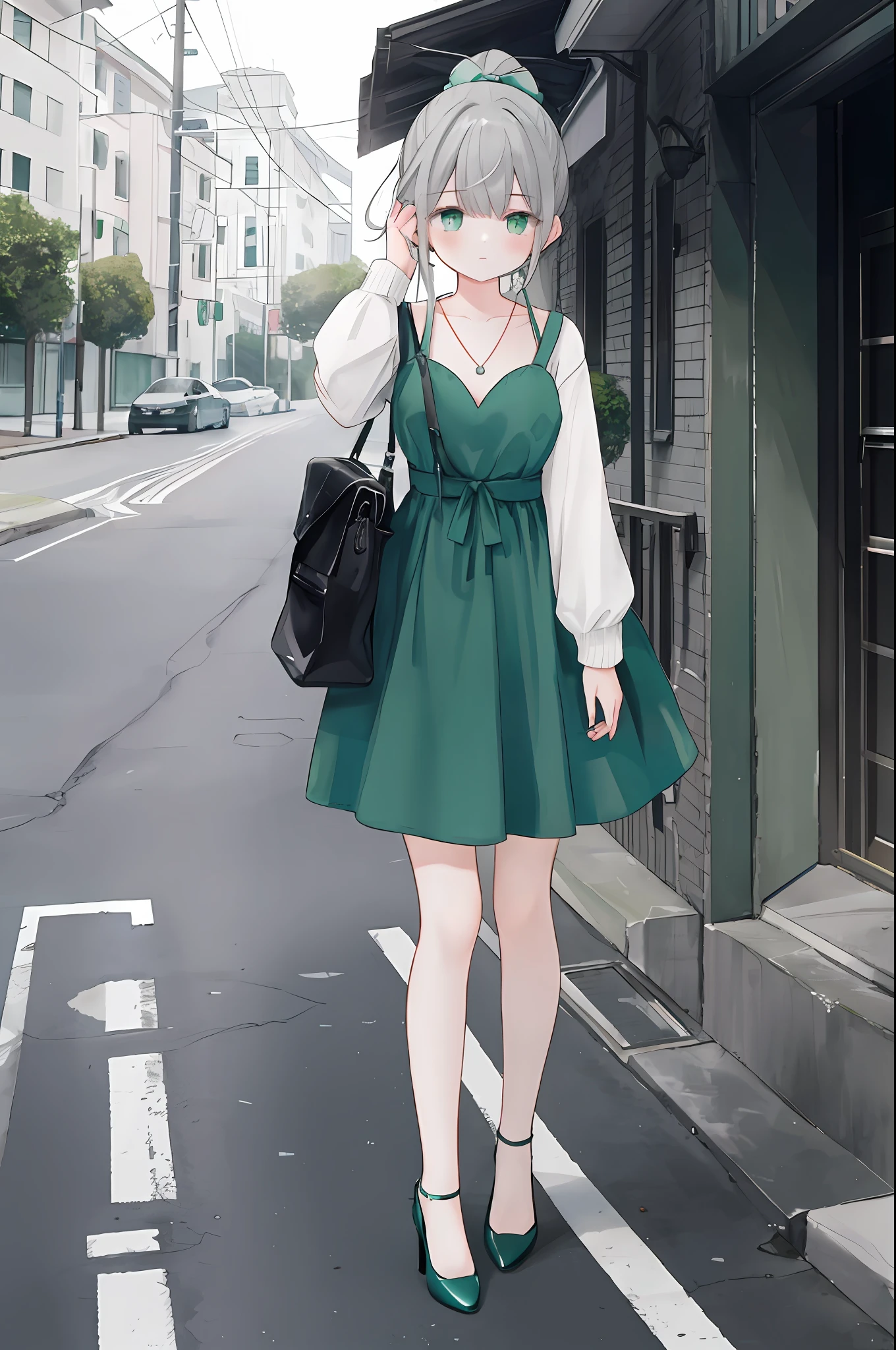 Girl holding head in hand, one standing in the street, all gray long sleeves, big V-neck, gray dress, gray high heels, green double ponytail hair