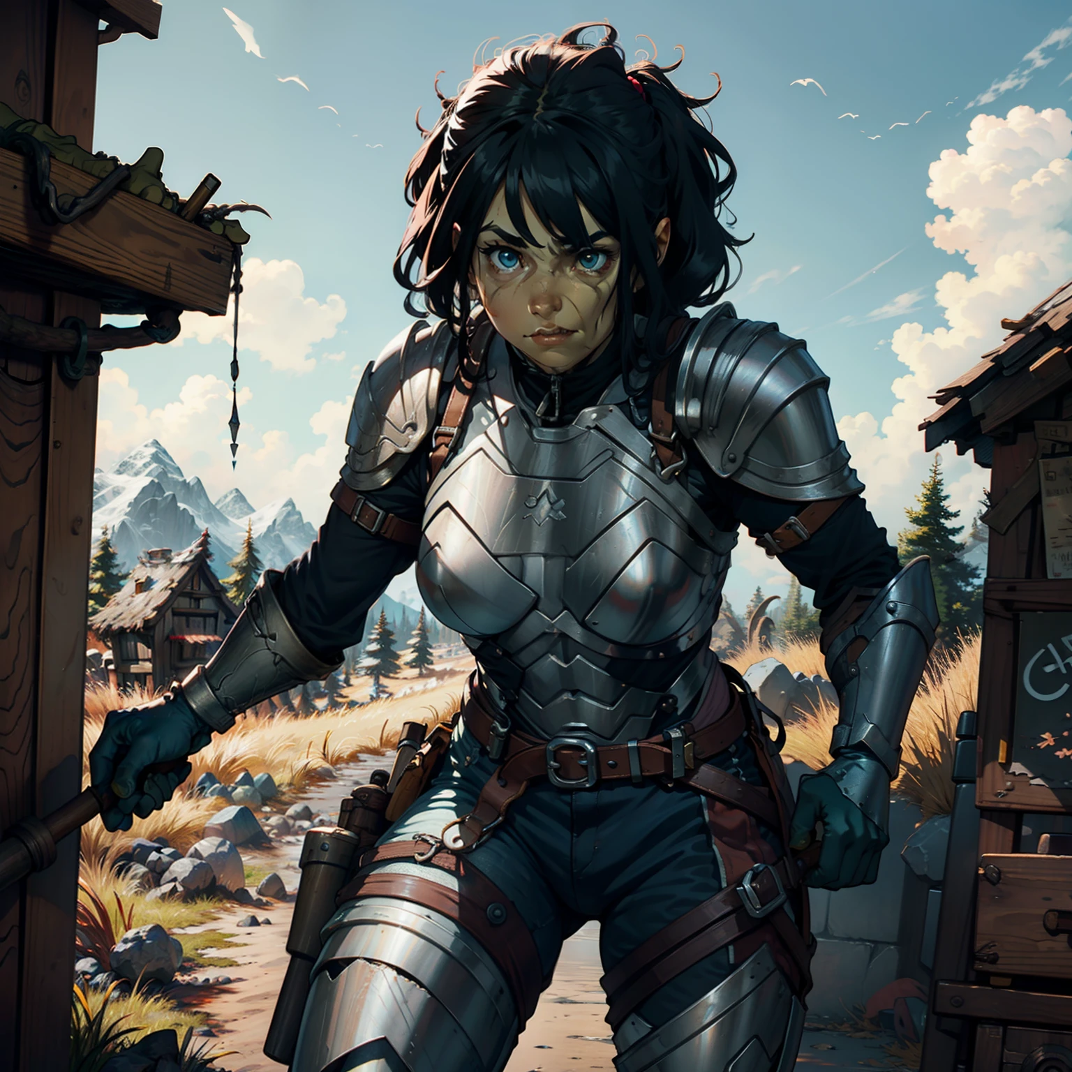 Female orc blacksmith wearing light leather armor, wielding a blacksmith hammer, surrounded by weapons