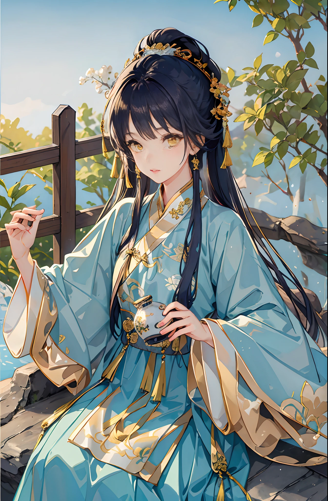 Best quality at best,Complicated details,A high resolution,(beautiful detailed water:1.4),(Hanfu,Tang Feng),Yellow eyes,(Girl in a glass jar:1.1),drinking milktea
