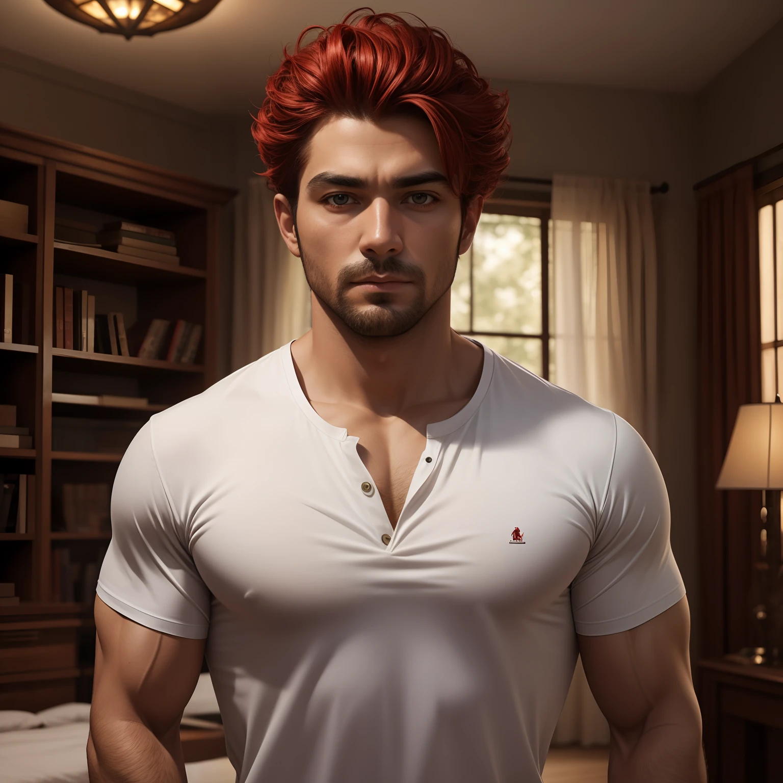Red man's hair eyes face all details realistic unique appearing all body ultra realistic shirt beautiful strong chest big scenery detailed room