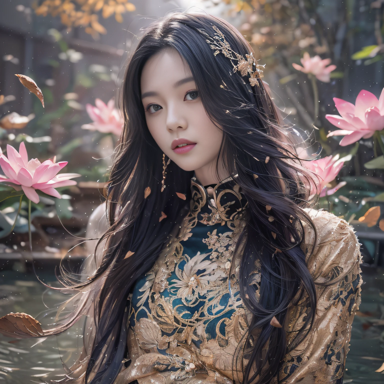 32K(tmasterpiece,k hd,hyper HD,32K)Long flowing black hair,ponds,zydink, a color, Asian people (Silly girl), (Silk scarf), Combat posture, looking at the ground, long whitr hair, Floating hair, Carp pattern headdress, Chinese long-sleeved clothing, (abstract ink splash:1.2), Pink petal background,Pink and white lotus flowers fly(realisticlying:1.4),Black color hair,Fallen leaves flutter,The background is pure, A high resolution, the detail, RAW photogr, Sharp Re, Nikon D850 Film Stock Photo by Jefferies Lee 4 Kodak Portra 400 Camera F1.6 shots, Rich colors, ultra-realistic vivid textures, Dramatic lighting, Unreal Engine Art Station Trend, cinestir 800,Long flowing black hair
